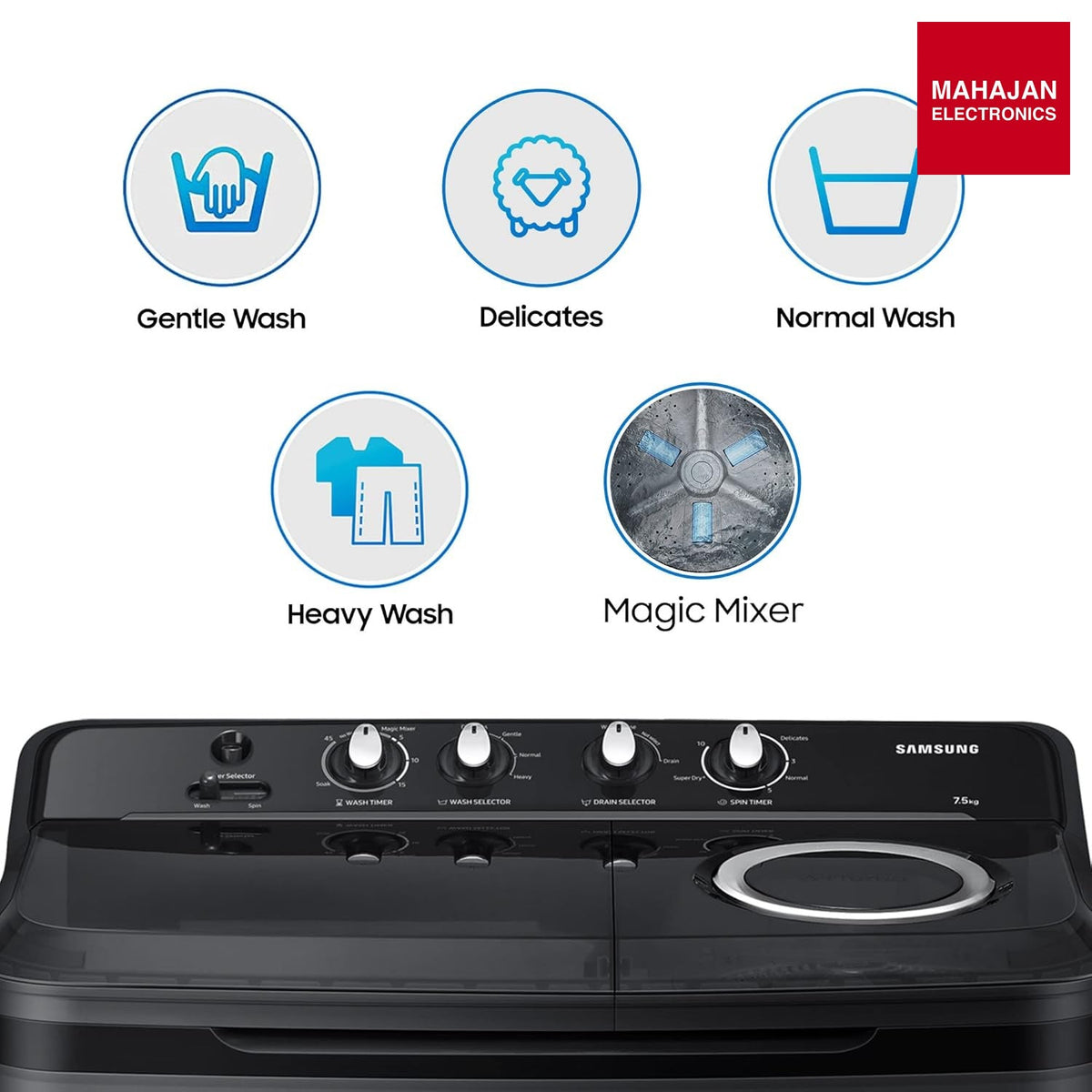 Samsung WT75B3200GD/TL 7.5 Kg 5 Star Semi Automatic Top Load Washing Machine | Hexa Storm Pulsator, Air Turbo Drying – Mahajan Electronics Online.
