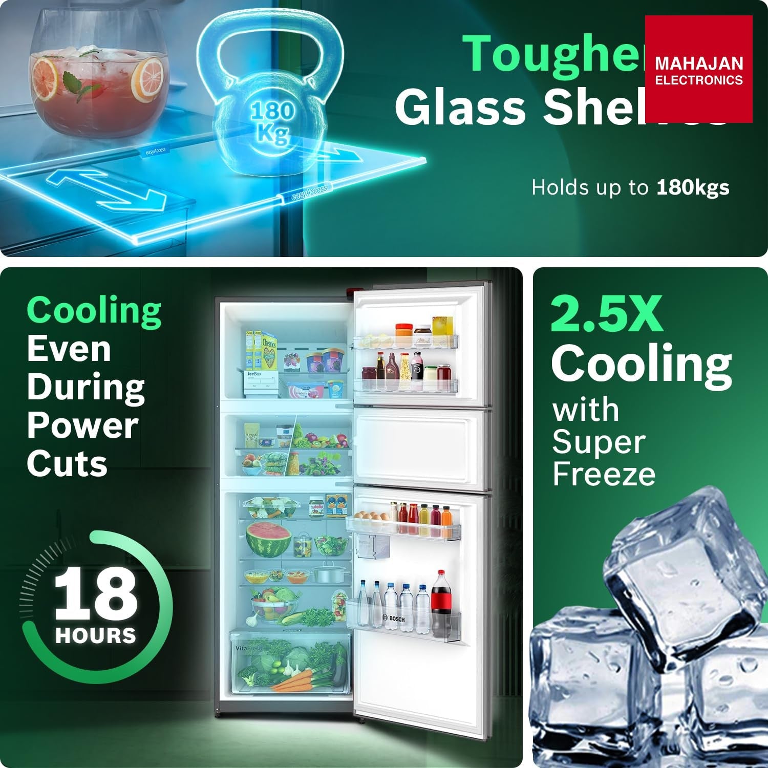 Bosch CMC33K03NI 302L, 3 Star, MaxFlex Convert Frost Free Triple Door Refrigerator | 8-in-1 Convertible Storage Modes | 57L Extra Convertible Zone | Cool Extend up to 18 hours (, Smokey Steel) Bosch online mahajan electronics