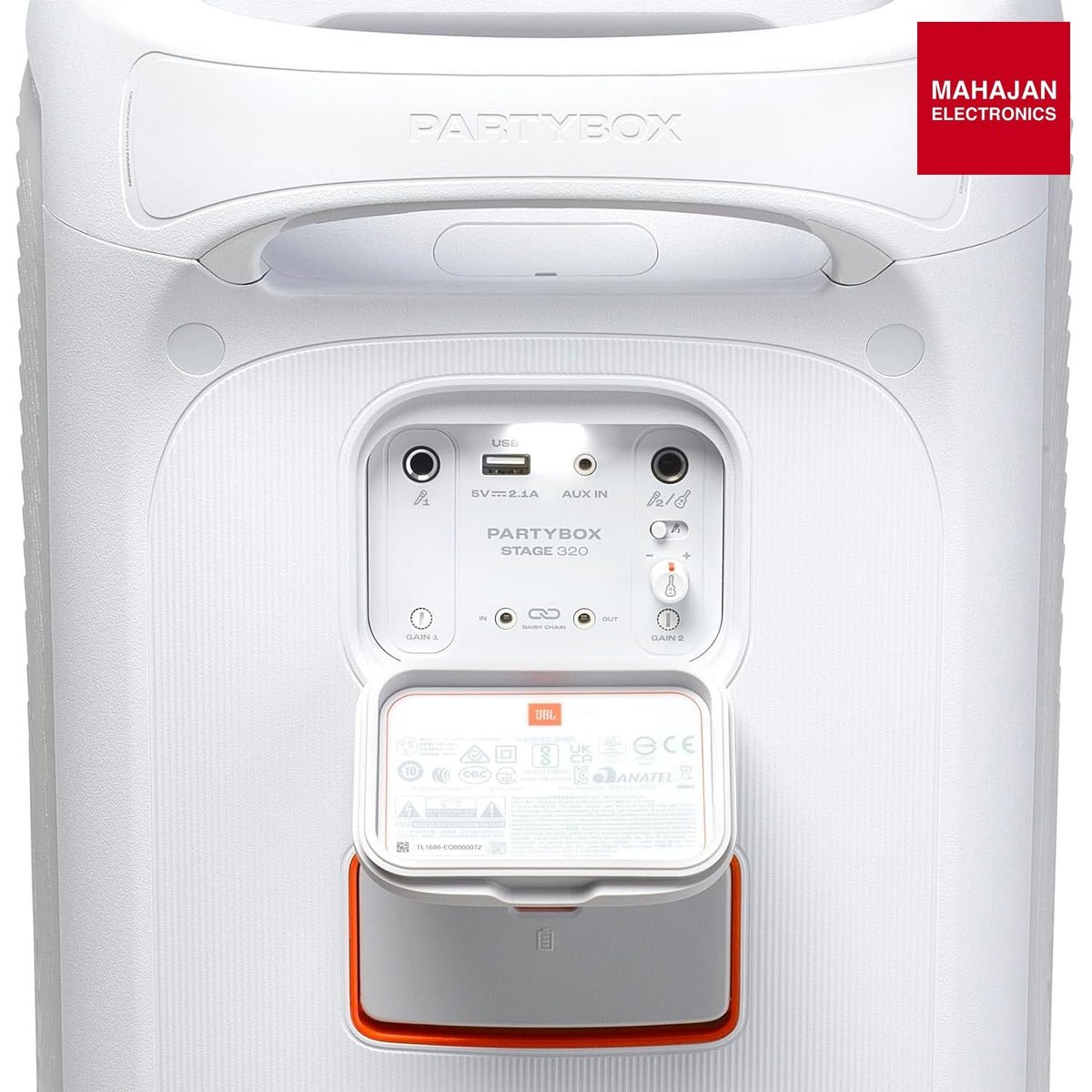 JBL PartyBox Stage 320 240W Portable Bluetooth Party Speaker with AI Sound Boost & Light Show (White) โ Mahajan Electronics Online.