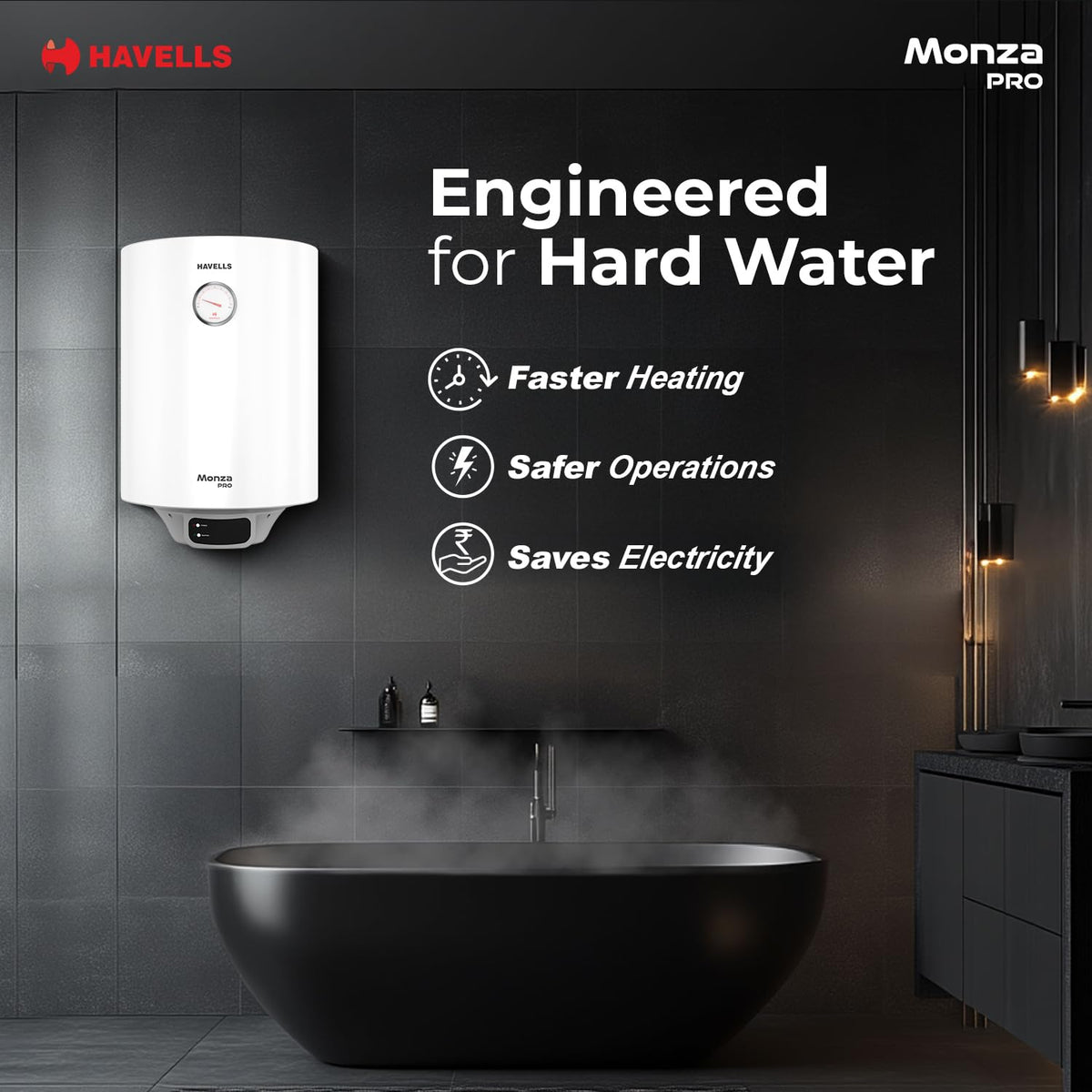 Havells Monza Pro 25L Storage GHWVMPUWAW25 Water Heater(Geyser)|Faster Heating|Safer to use|Saves electricity|Engineered for Hard Water|Endurashield Coated Anti Rust Tank|Whirlflow Technology|High Rise suitable Havells online mahajan electronics