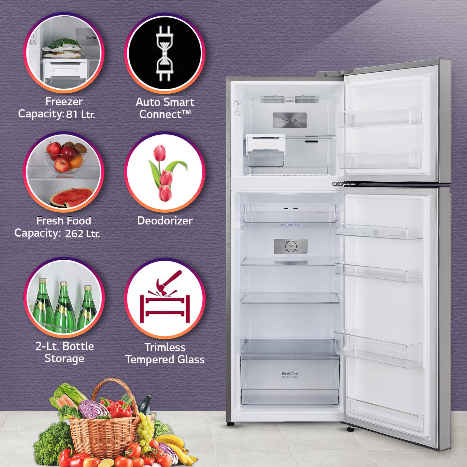 LG GLT3426SNPZ 343L 2 Star Frost Free Double Door Refrigerator (Smart Inverter Compressor, Convertible Freezer, Multi Air Flow, Shiny Steel) Mahajan Electronics Online