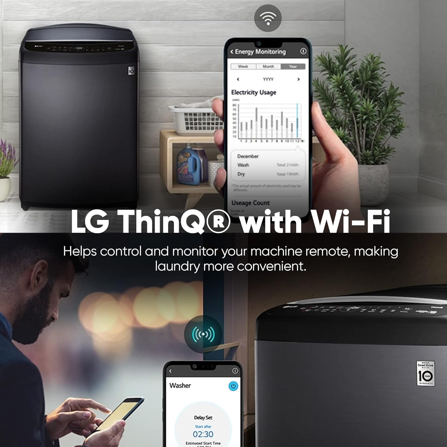 LG THD11NWM 11 Kg 5 Star Inverter Wi-Fi Fully-Automatic Top Load Washing Machine ( Middle Black, AIDD Technology) LG