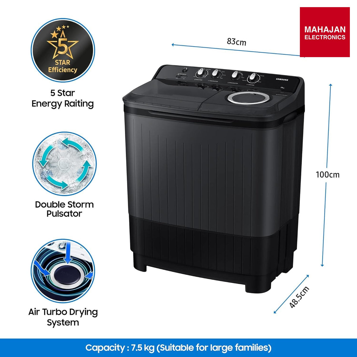 Samsung WT75B3200GD/TL 7.5 Kg 5 Star Semi Automatic Top Load Washing Machine | Hexa Storm Pulsator, Air Turbo Drying – Mahajan Electronics Online.