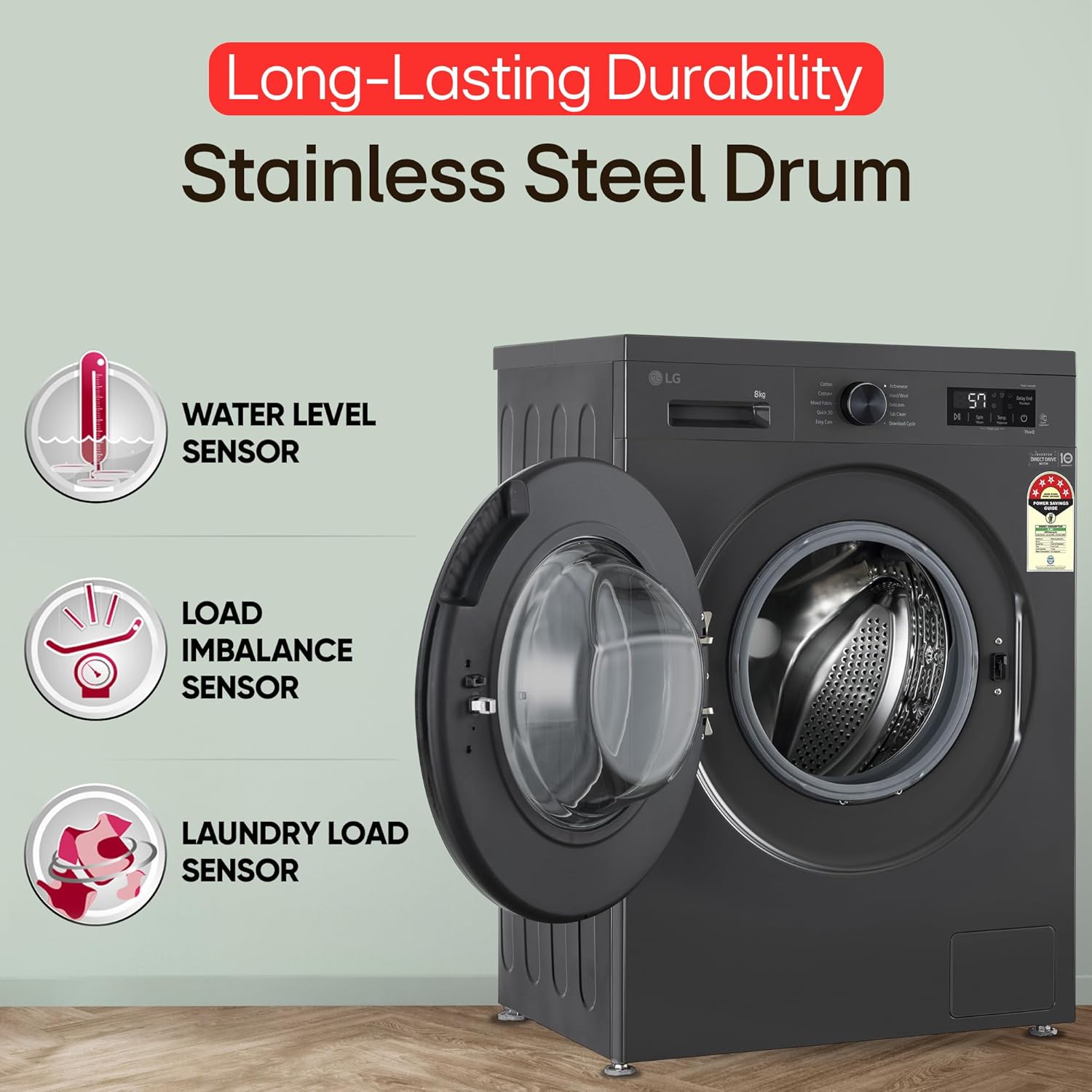 LG FHB1208Z2M 8KG Front Load Washing Machine, Inverter Direct Drive, Middle Black Mahajan Electronics online