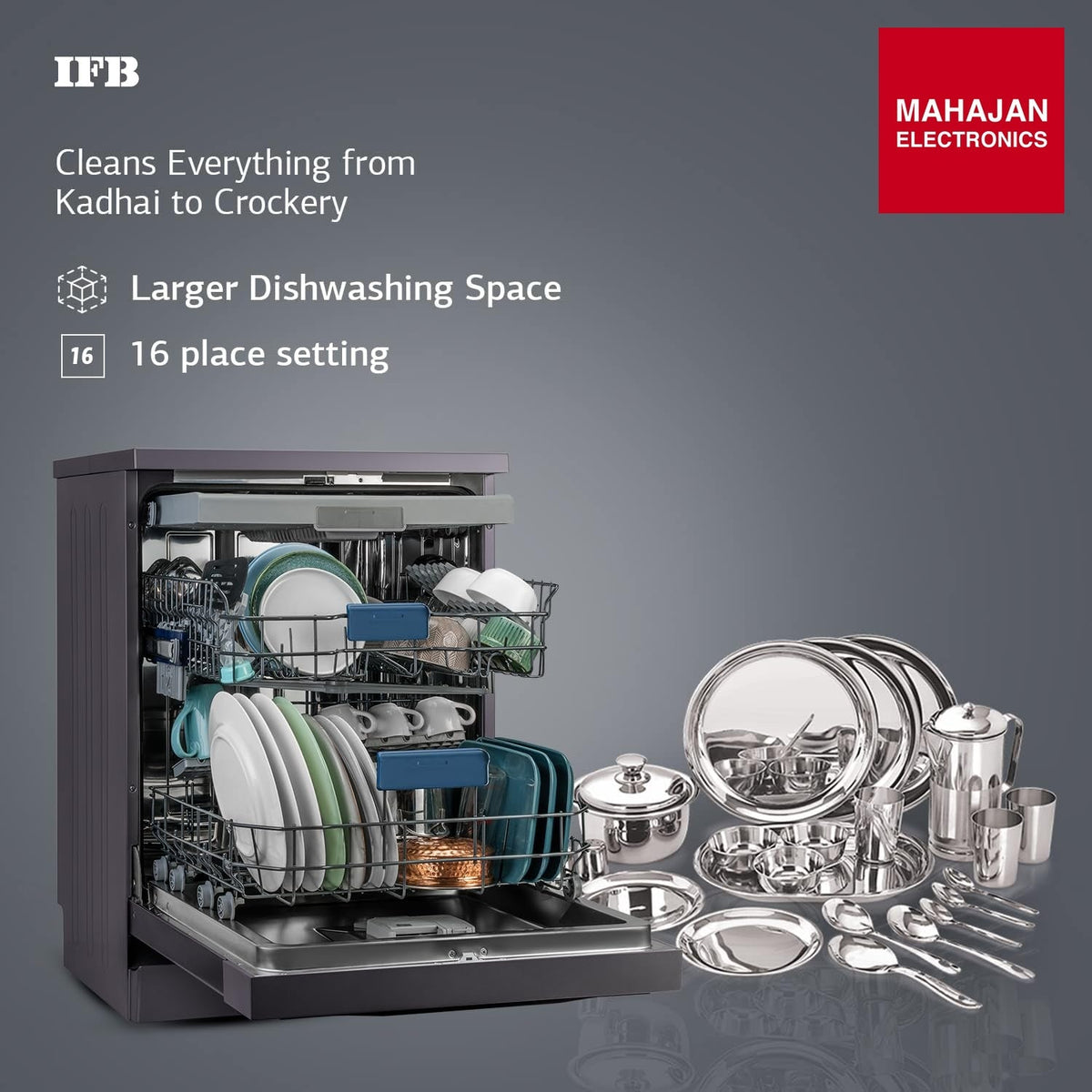 IFB Neptune VX16 16 Place Setting Dishwasher (Inox Grey) | Auto Door Open, ION Tech, 360° Spray Arms, Steam Drying – Mahajan Electronics Online.