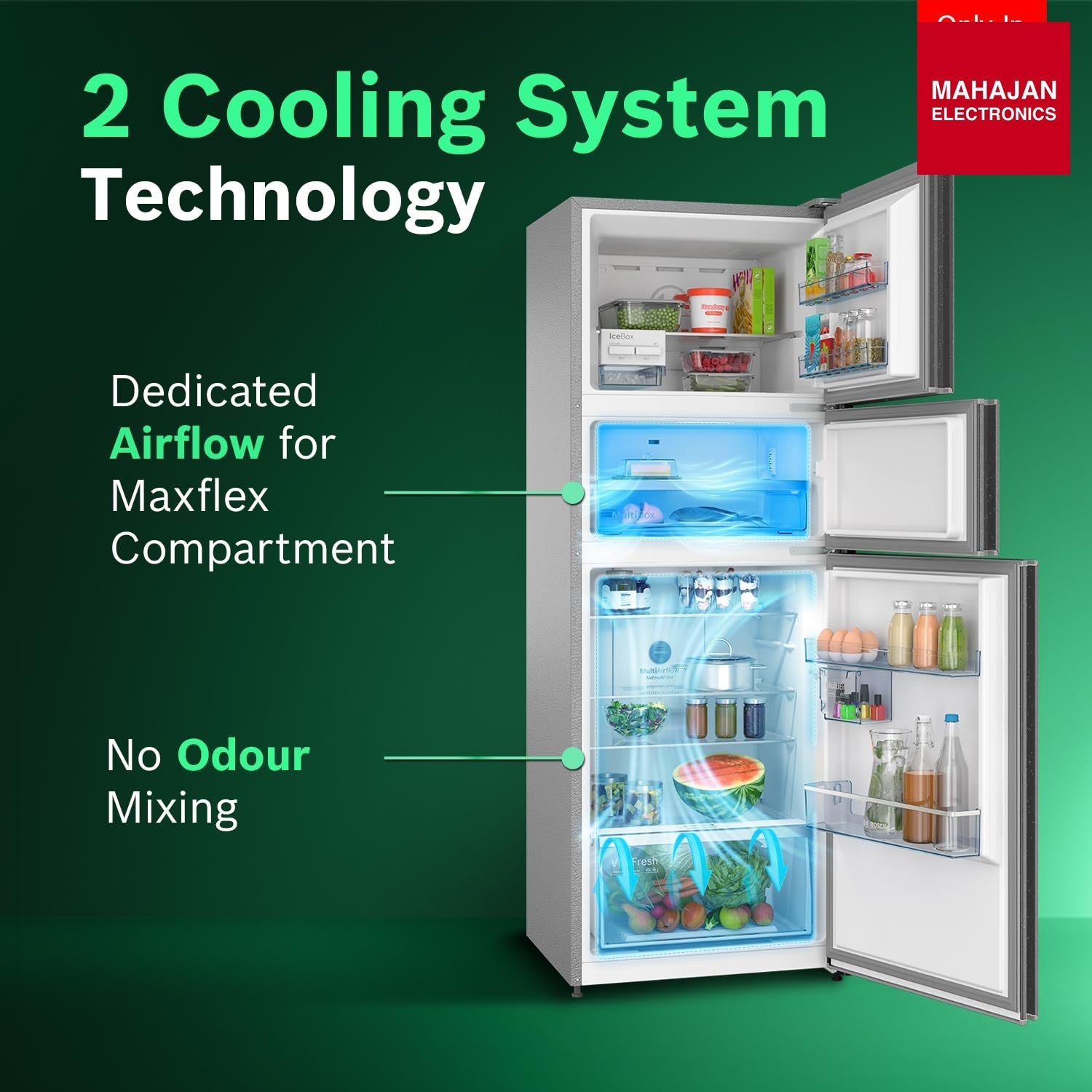 Bosch CMC33K03NI 302L, 3 Star, MaxFlex Convert Frost Free Triple Door Refrigerator | 8-in-1 Convertible Storage Modes | 57L Extra Convertible Zone | Cool Extend up to 18 hours (, Smokey Steel) Bosch online mahajan electronics