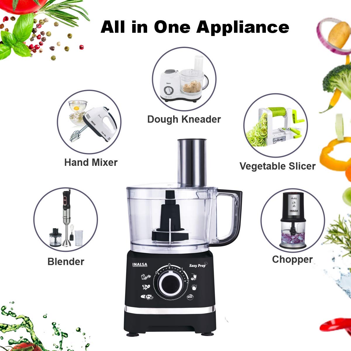 INALSA Easy Prep- 800 Watts Food Processor/ Atta Kneader/ Chopper | 1.4 L Main Bowl Capacity โ Mahajan Electronics Online.
