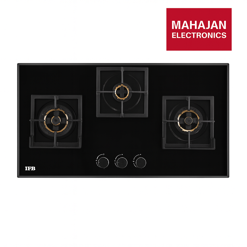 Black gas stove with three burners and control knobs, branded with Mahajan Electronics on a white background.