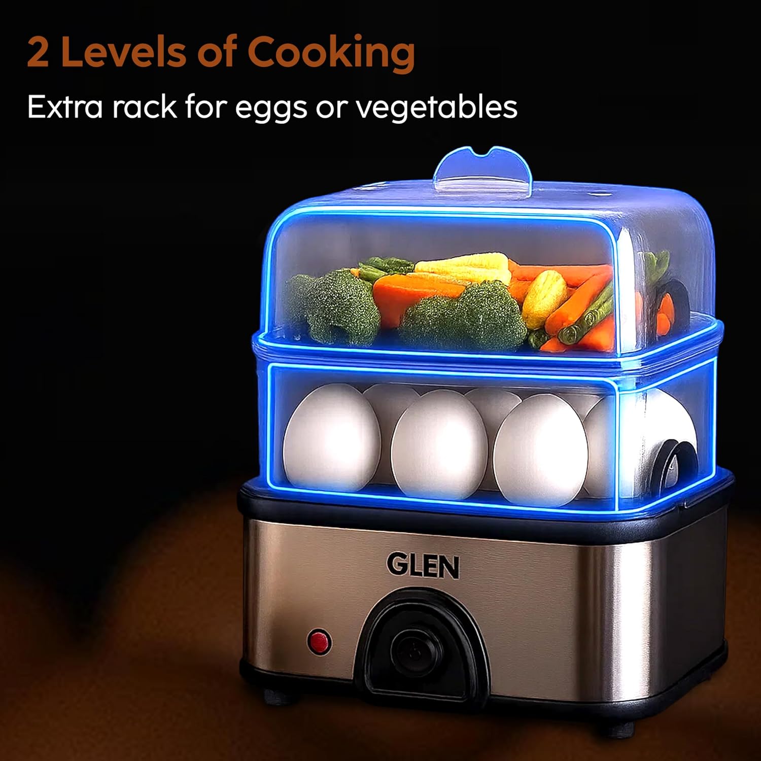 Glen SA3035 MC PLUS 3 in 1 Electric Multi Cooker Steam Egg Boiler with Extra Layer Rack - Steam, Cook & Boil, 350W, 45 Minutes Timer, Boils up to 14 Eggs at a time, boil dry protection with lid (Copy) Mahajan Electronics Online