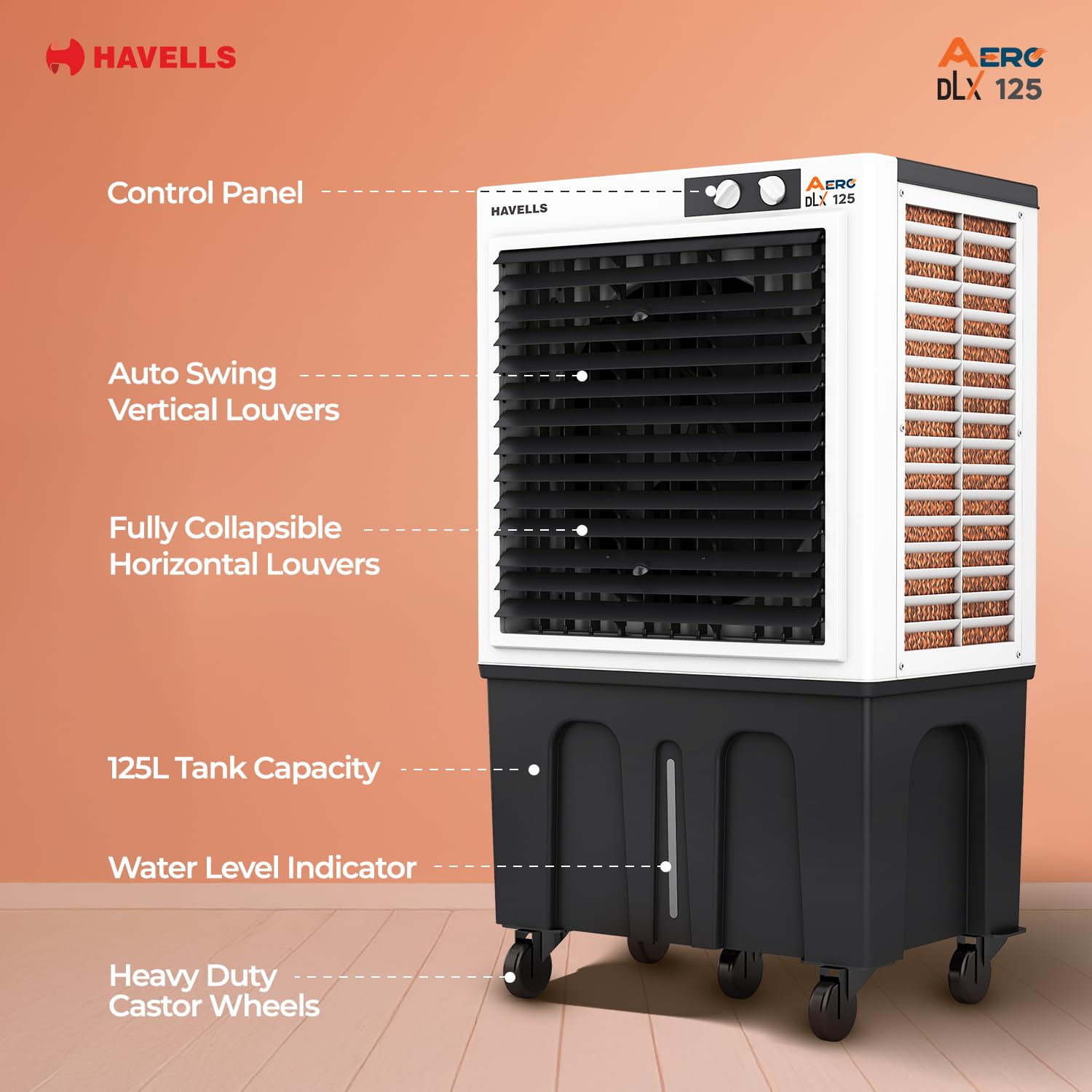 Havells Aero DLX 100L Premium Commercial Air Cooler|Powerful Air-Delivery| 3 Side Honeycomb Pads with Bacteria Shield Technology|Fully Collapsible Louvers|Auto fill function|Double Ball bearing Motor Mahajan Electronics Online