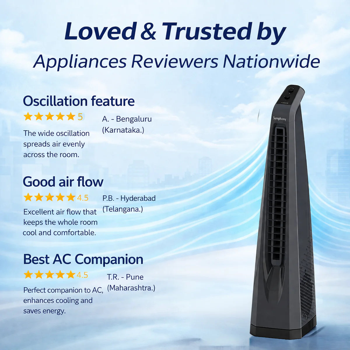 Symphony Surround Sr. Bladeless Tower Fan for Room | 90 Degree Swivel Action, Knob Control Panel | Low Power Consumption | Removable Dust Filter For Clean | 1 Year Warranty | Grey AFNTf03 Symphony