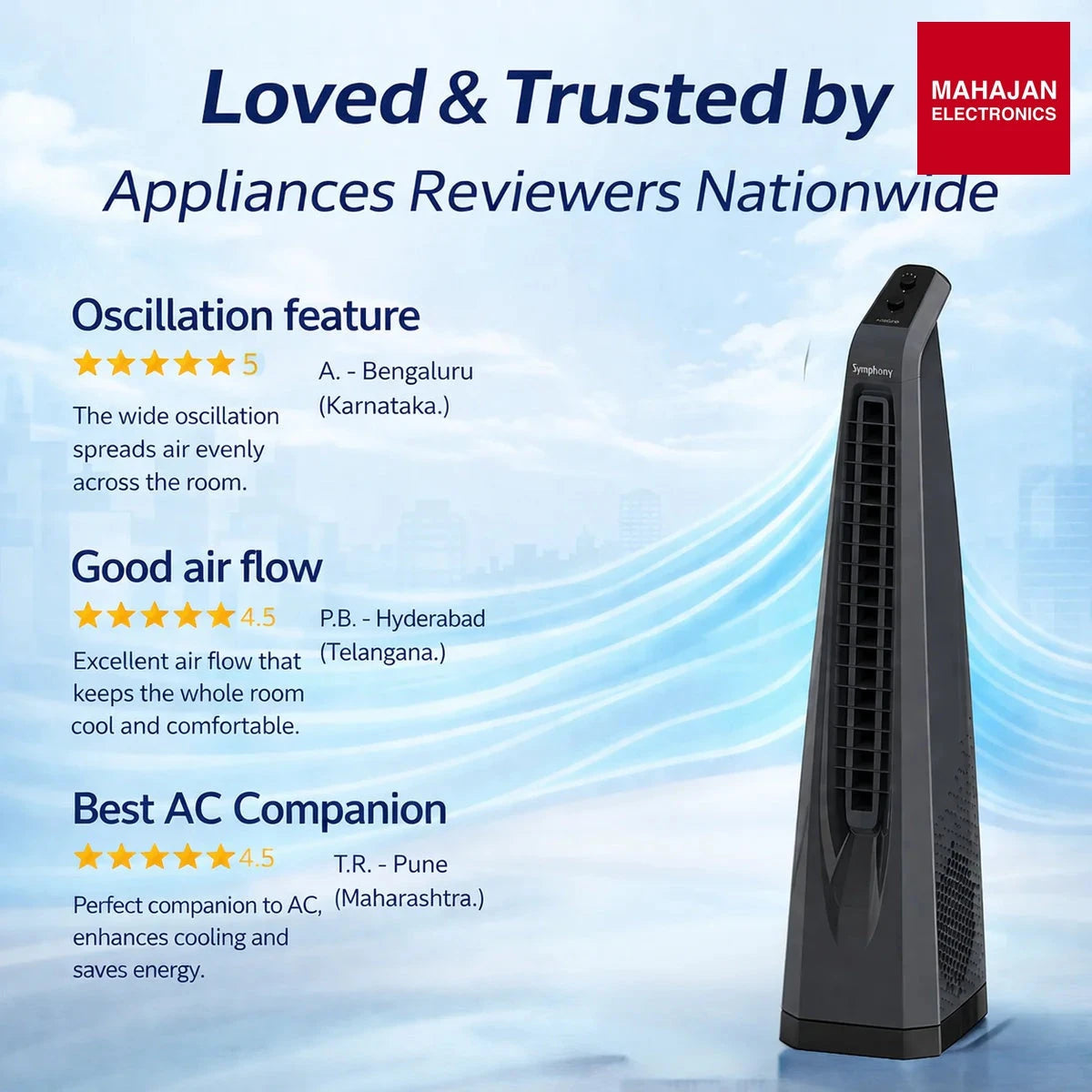 Symphony Surround Sr AFNTF023 Bladeless Tower Fan with 90 Degree Swivel, Knob Control & Removable Dust Filter (Grey) โ Mahajan Electronics Online.