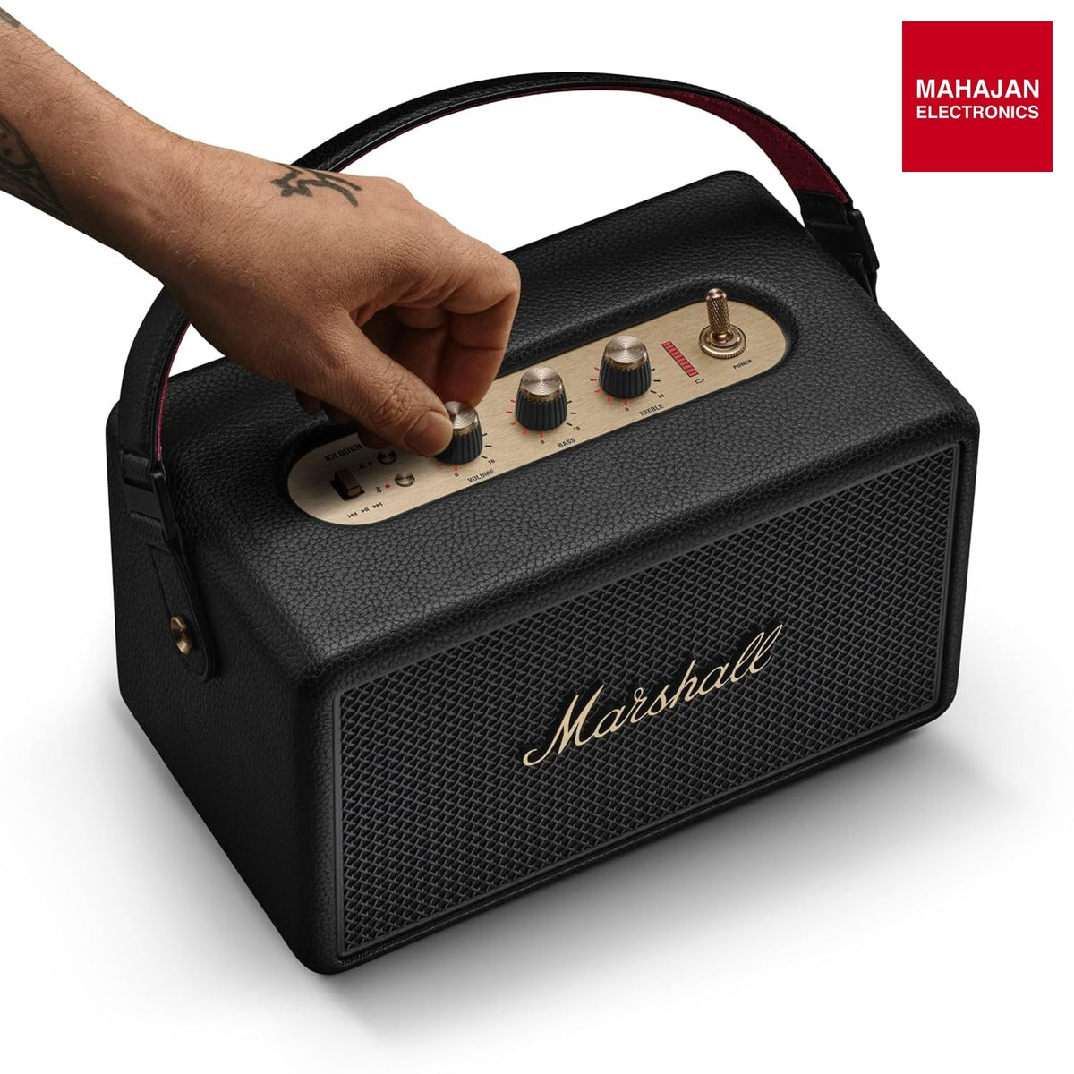 Marshall Kilburn III Portable Bluetooth Speaker with 50+ Hours of Portable Playtime, (360° Sound), Dust & Water-Resistant (IP54) – Black & Brass – Mahajan Electronics Online.