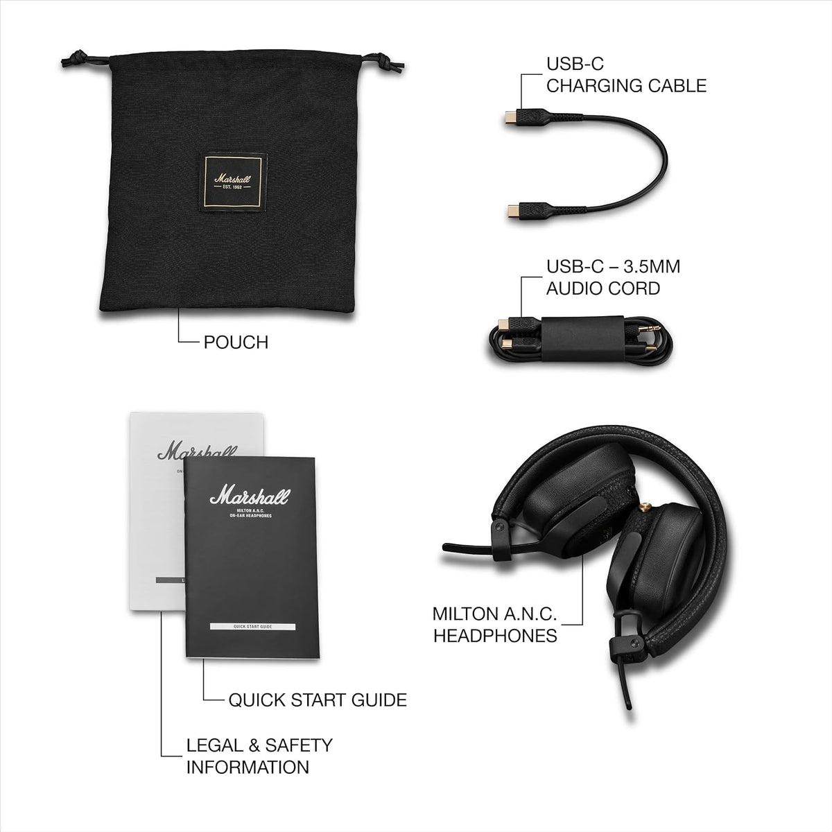 Marshall Milton A.N.C. Wireless On-Ear Headphones with Adaptive Active Noise Cancelling | 80 Hours Wireless Playtime | Durable & Foldable Design for Travel | Spatial Audio - Black Marshall