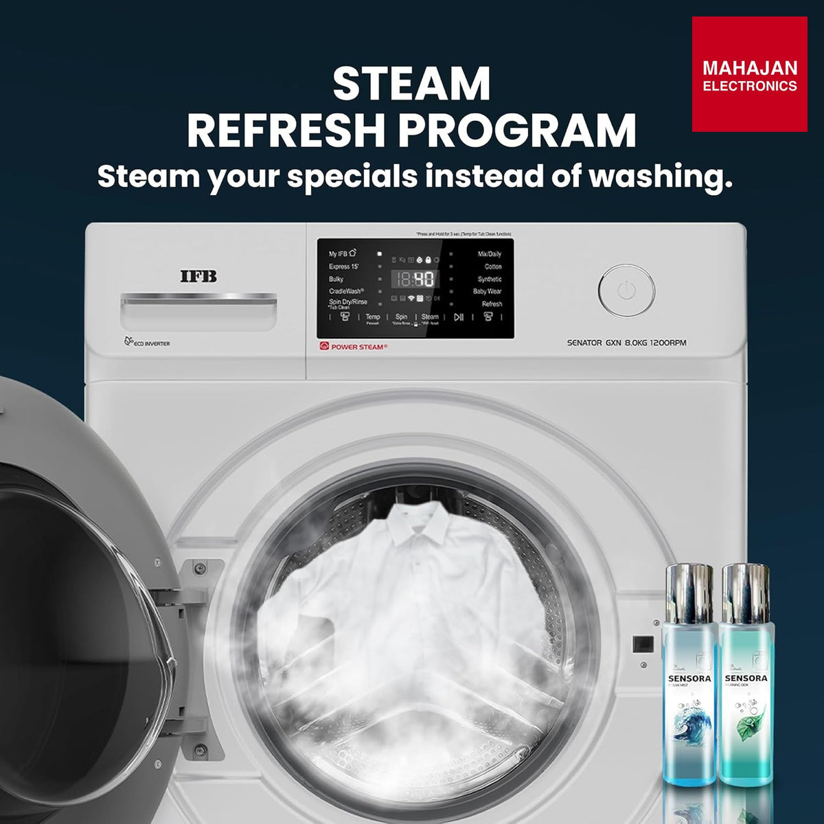 IFB SENATOR GXN 8012 CMS 8 Kg 5 Star, DeepClean® Technology, AI Powered, WiFi, Fully Automatic Front Load Washing Machine ( PowerSteam®, 9 Swirl, Steam Refresh, – Mahajan Electronics Online.