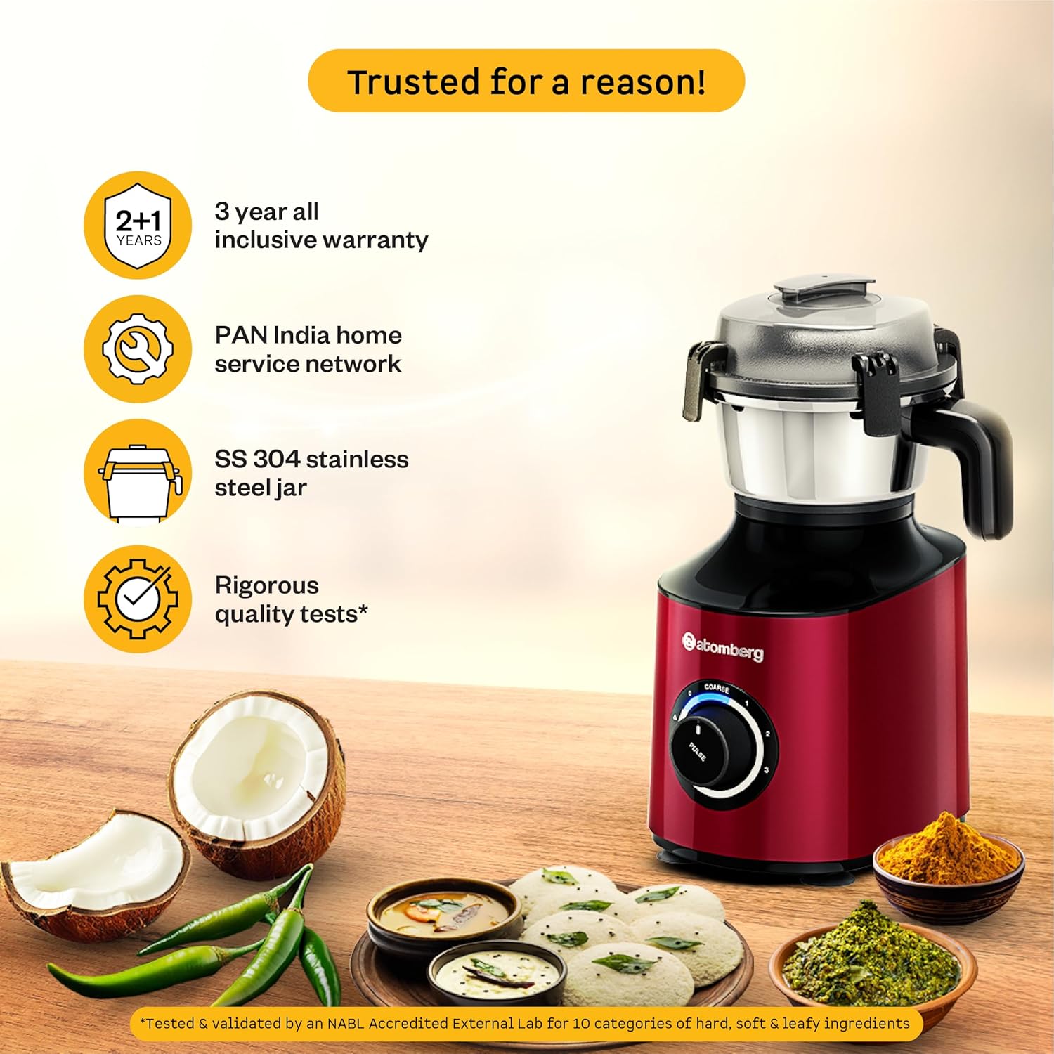 Atomberg Zenova Mixer Grinder | Unique Coarse Mode for Silbatta-like Texture | Intelligent BLDC Motor | Safety Features | 4 Jars including Chopper | Hands-Free Operation | Red Wine Mahajan Electronics Online