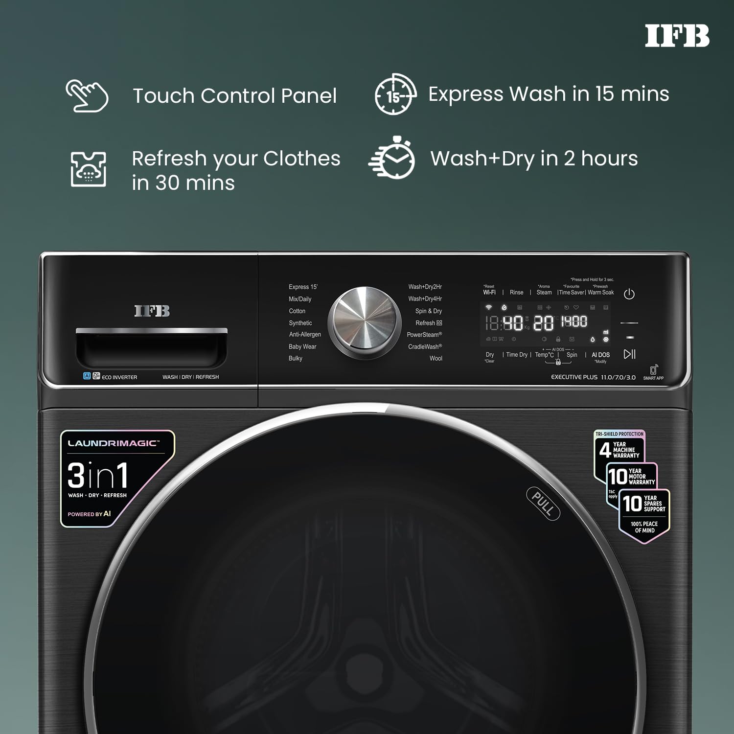IFB WDR Executive Plus ZBG 11/7/3 kg Fully Automatic Washer Dryer Refresher with Steam Refresh, AI DOS, 100% Dry Clothes, 9 Swirl Wash Mimic Handwashing, WiFi & Eco Inverter Motor ( Black) Mahajan Electronics Online