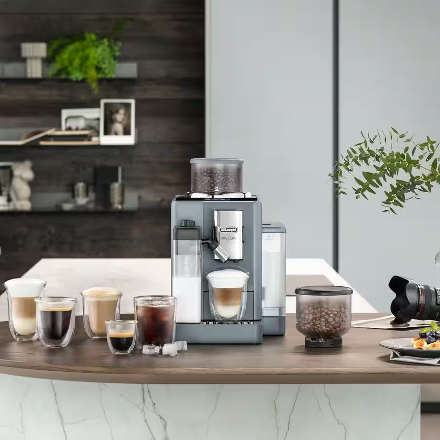 De'Longhi Rivelia EXAM440.55.G Fully Automatic Coffee Machine – LatteCrema Hot, Automatic Milk Frother, Bean-to-Cup, 16 Coffee Recipes, Compact Design, Full Touch Color Display – Grey Mahajan Electronics Online
