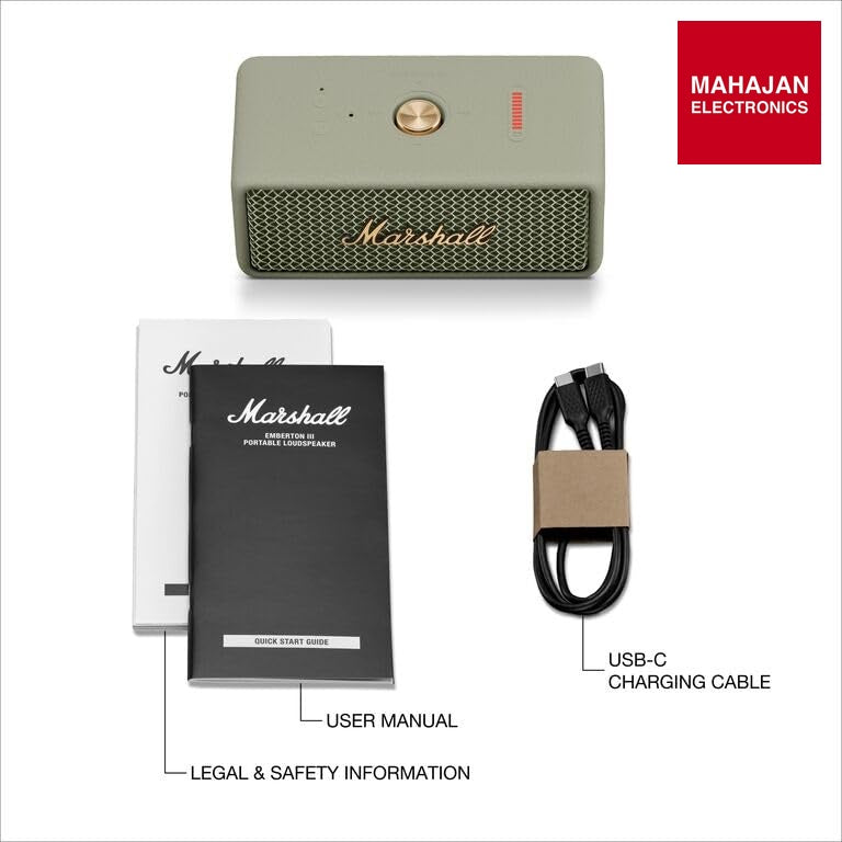 Marshall Emberton III Compact Portable Bluetooth Speaker with 32+ Hours of Playtime, (360ยฐ Sound), Dust & Waterproof (IP67) โ Sage โ Mahajan Electronics Online.
