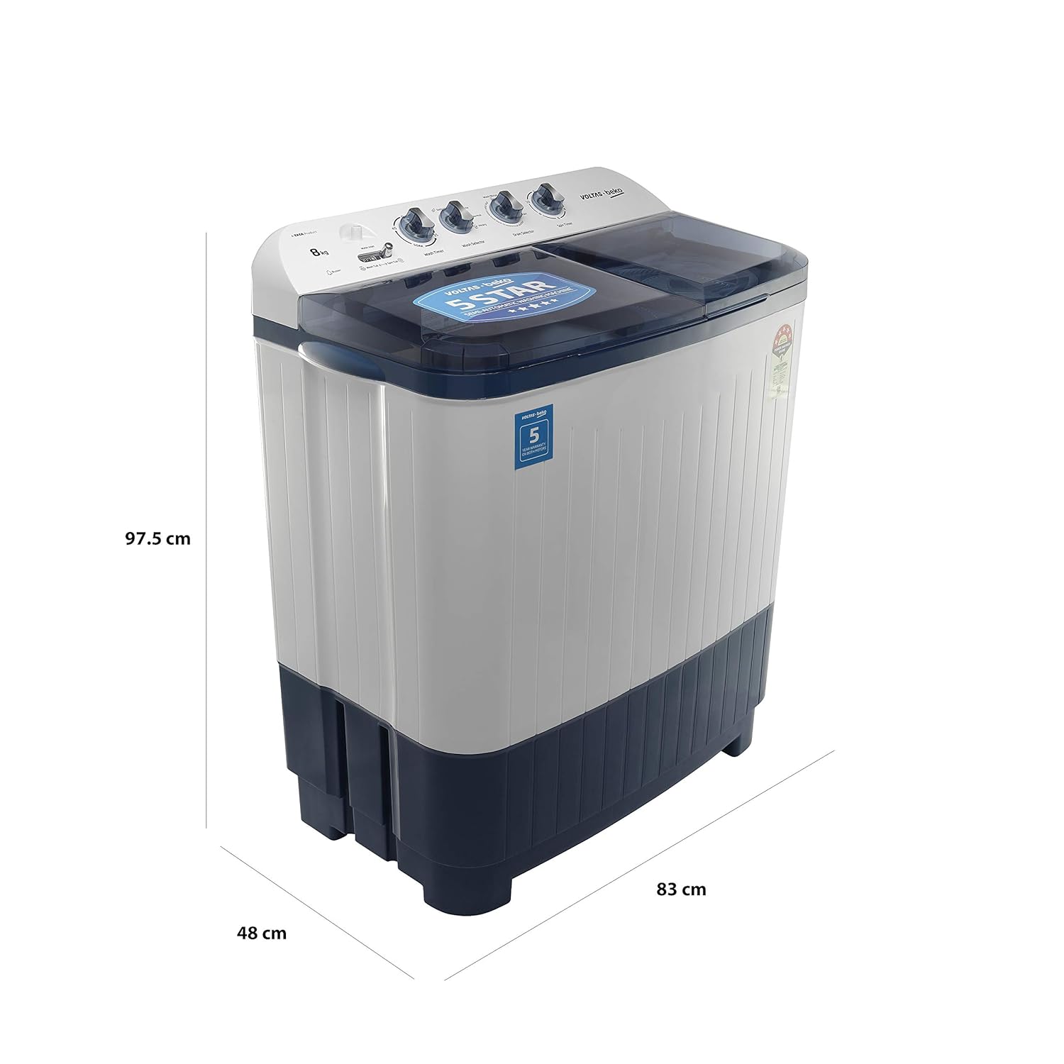 Voltas Beko WTT80DBLT 8 Kg Semi-Automatic Top Load Washing Machine | Double Waterfall | Soft Close Lid | Dual Cassette Filter | 1300 RPM Fast Dry | Sky Blue | Mahajan Electronics Voltas Beko