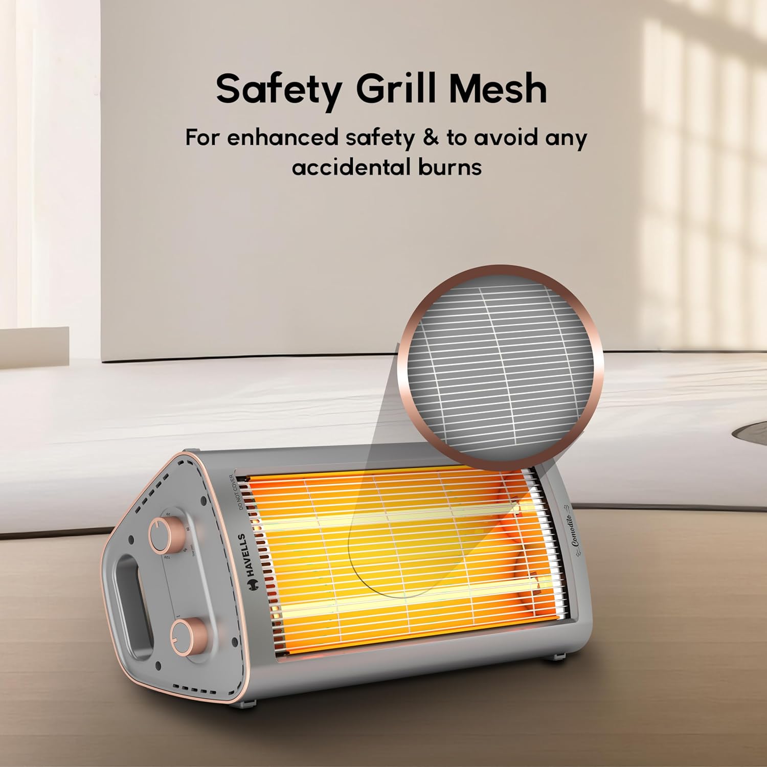 Havells Comodito 900 Watt Room Heater | Safety Grill, 120 Minute Sleep Timer Control knob | Rust Free Stainless Steal Reflector, Carbon Fiber Rods, Power Off & Heat Setting | (Pack of 1, Grey) GHRGHCHE090 Mahajan Electronics Online