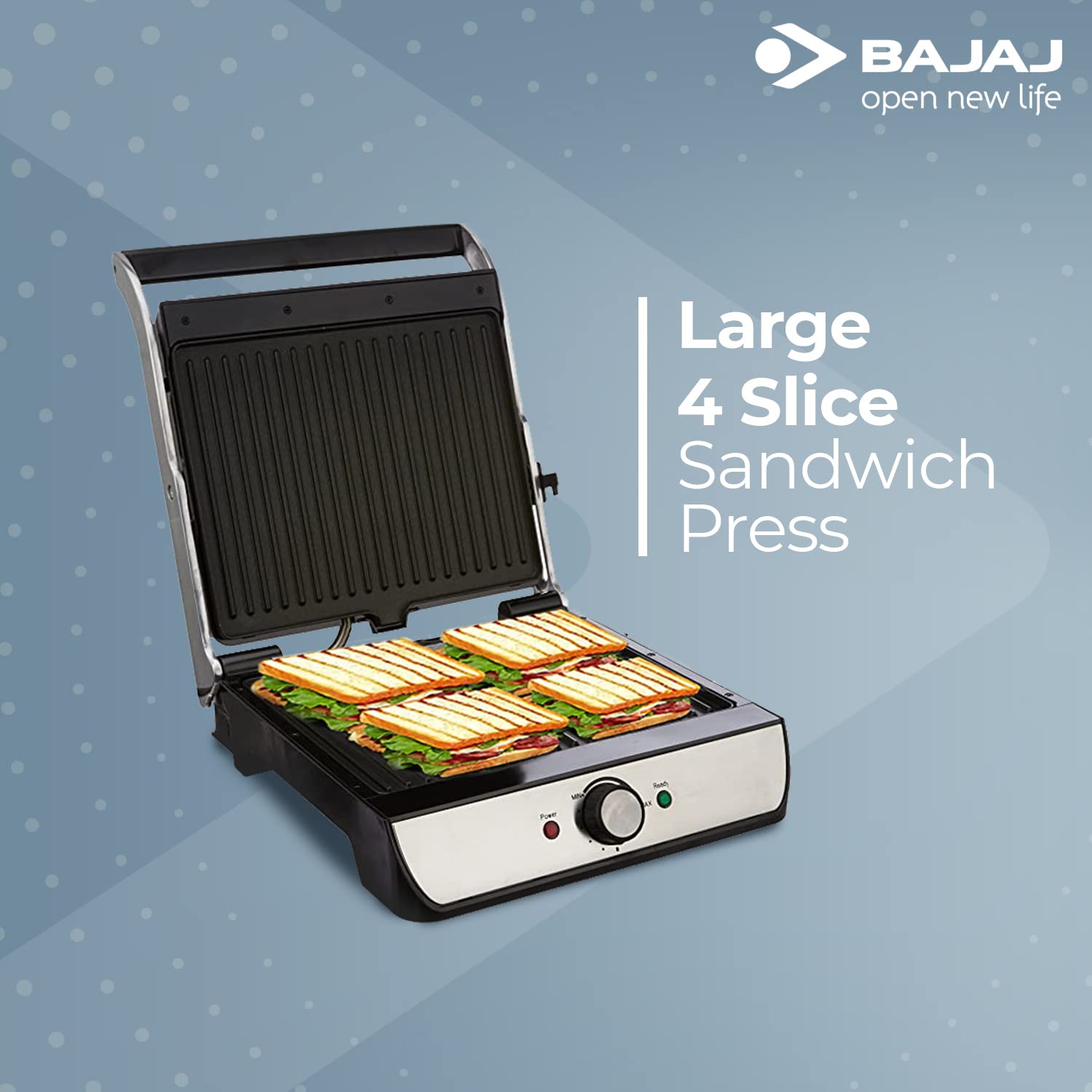 Bajaj Majesty Grill Ultra 2000W 4-Slice Grill Sandwich Maker | 180° Open Grill | Adjustable Hinge & Temperature Control | Non-Stick Coated Plate | Drip Oil Collector | 2-Yr Warranty by Bajaj | Black Mahajan Electronics Online
