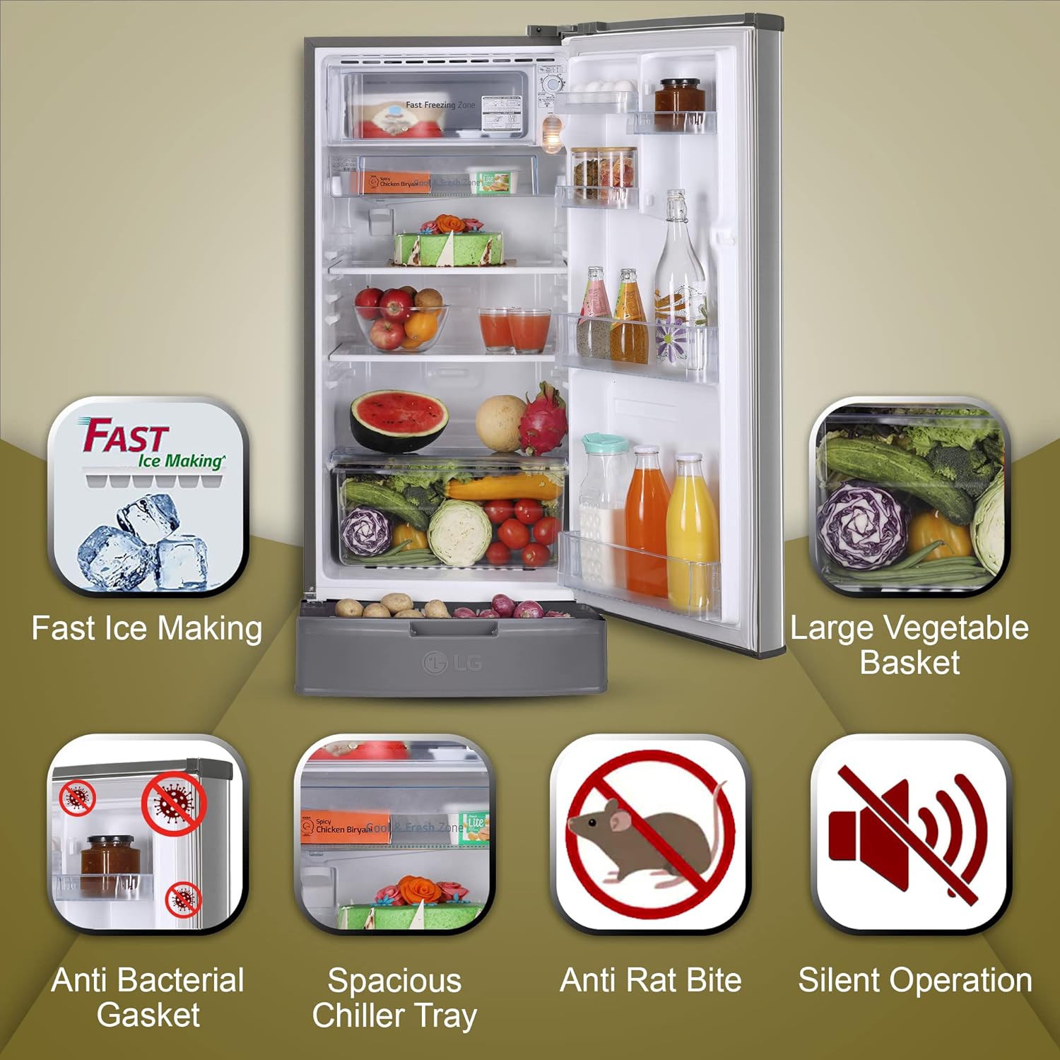 LG GL-D199OPZD 185 L Direct Cool Single Door 3 Star Refrigerator with Base Drawer with Fast Ice Making (Shiny Steel) LG