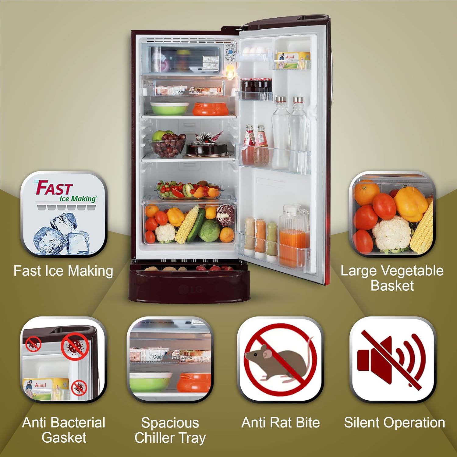 LG GL-D201ASCU 185 L 5 Star Inverter Direct-Cool Single Door Refrigerator ( Scarlet Charm, Base stand with drawer) LG