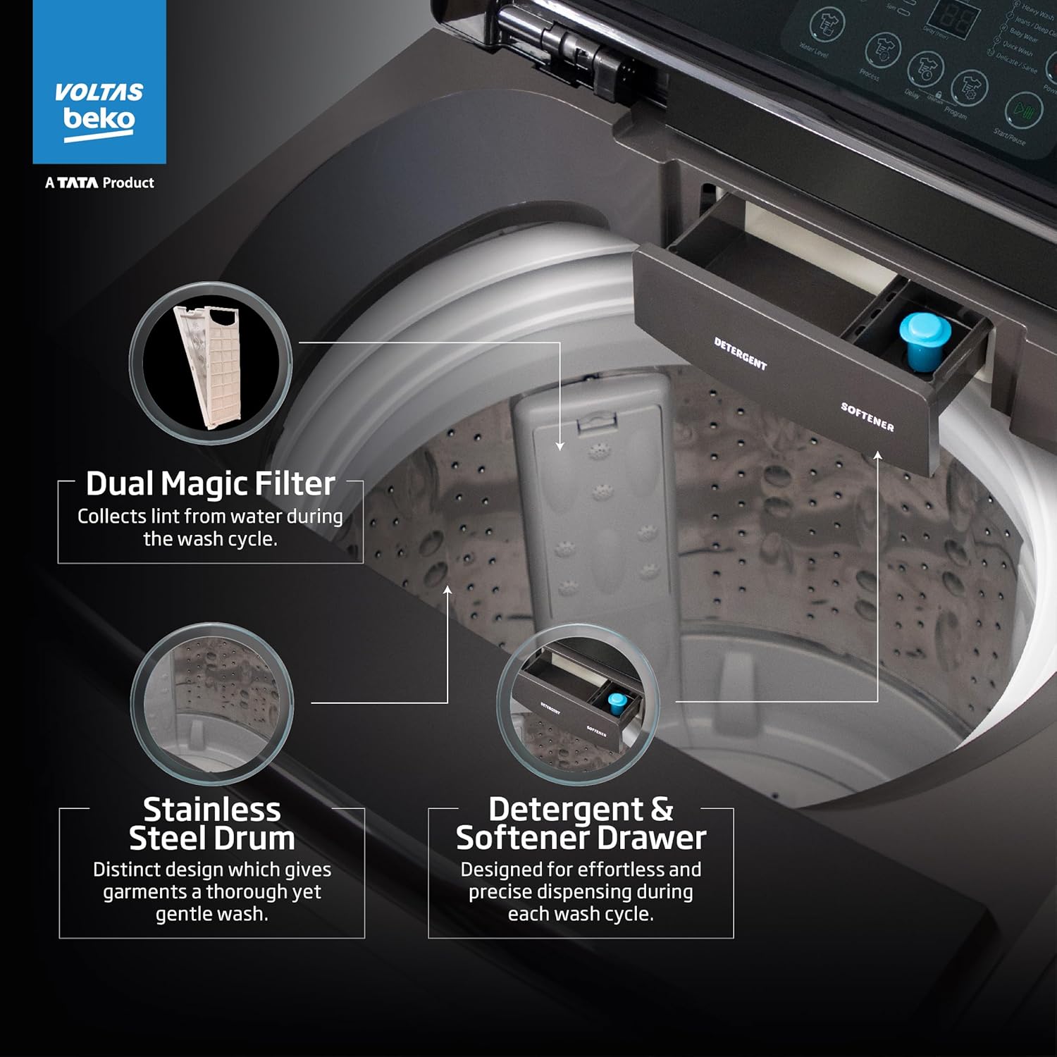 Voltas Beko, A Tata Product WTL9006UEA/SPBOOD 9 Kg 5 Star Fully-Automatic Top Loading Washing Machine (2024 Model, Grey) Machine Mahajan Electronics Online