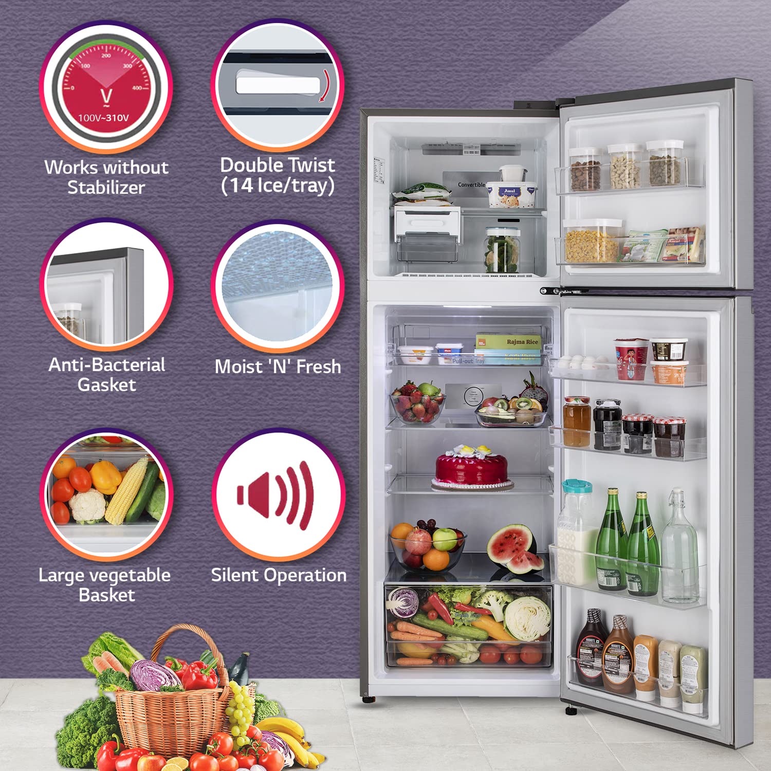 LG GLT3426SNPZ 343L 2 Star Frost Free Double Door Refrigerator (Smart Inverter Compressor, Convertible Freezer, Multi Air Flow, Shiny Steel) Mahajan Electronics Online
