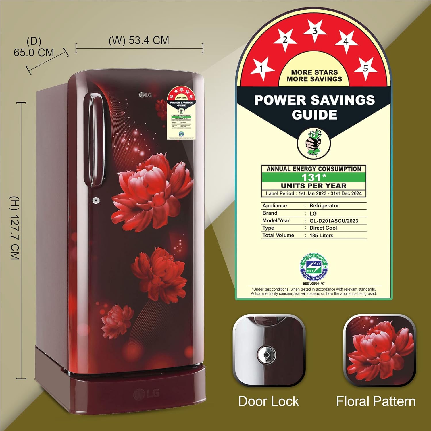 LG GL-D201ASCU 185 L 5 Star Inverter Direct-Cool Single Door Refrigerator ( Scarlet Charm, Base stand with drawer) LG