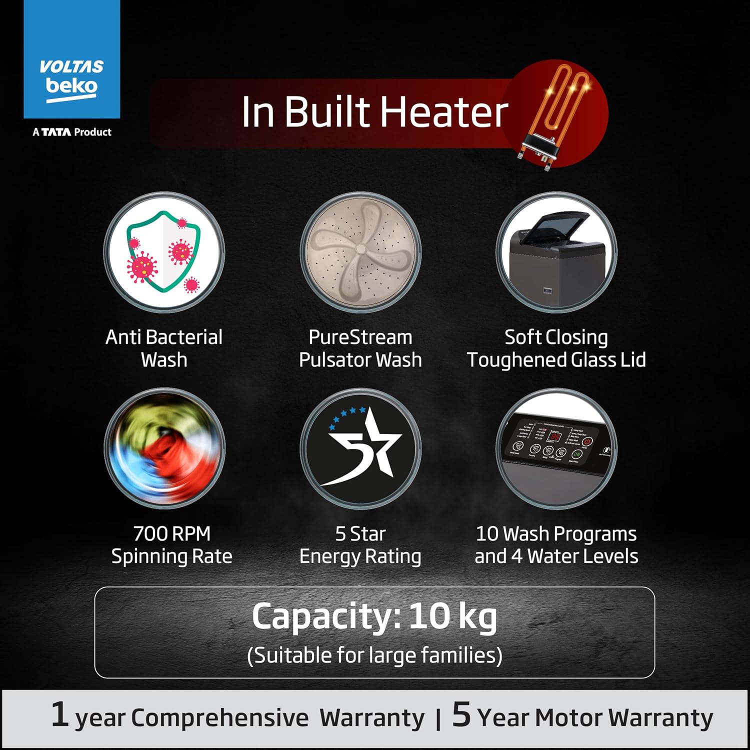 Voltas Beko WTL1006UEAH/DPBOHD 10 Kg 5 Star Fully Automatic Top Load Washing Machine with Inbuilt Heater – Dark Grey Mahajan Electronics online