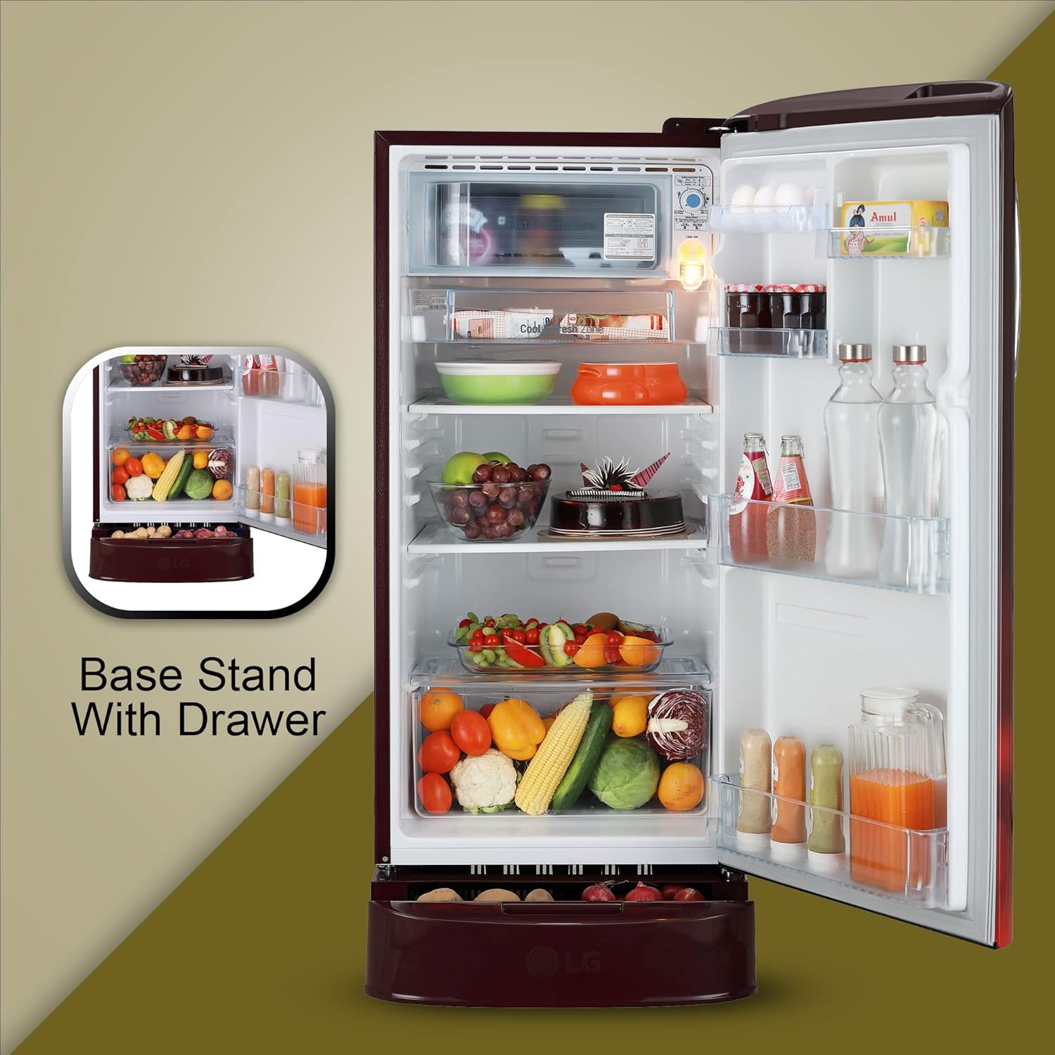 LG GL-D201ASCU 185 L 5 Star Inverter Direct-Cool Single Door Refrigerator ( Scarlet Charm, Base stand with drawer) LG