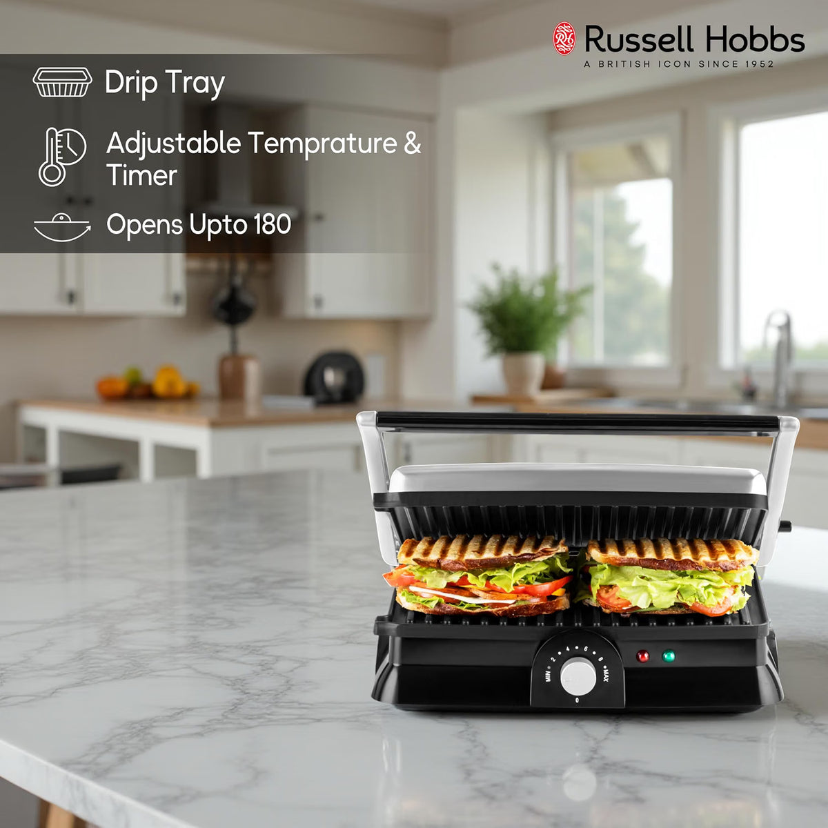 Russell Hobbs RST2004CG 2000W 180° GrillMaster 4 Slice Electric Grill Sandwich Maker | Full Flat Toaster Griller | Drip Tray, Ready-to-Cook Indicator | Adjustable Temperature & Timer | 2-Year Warranty online mahajan electronics