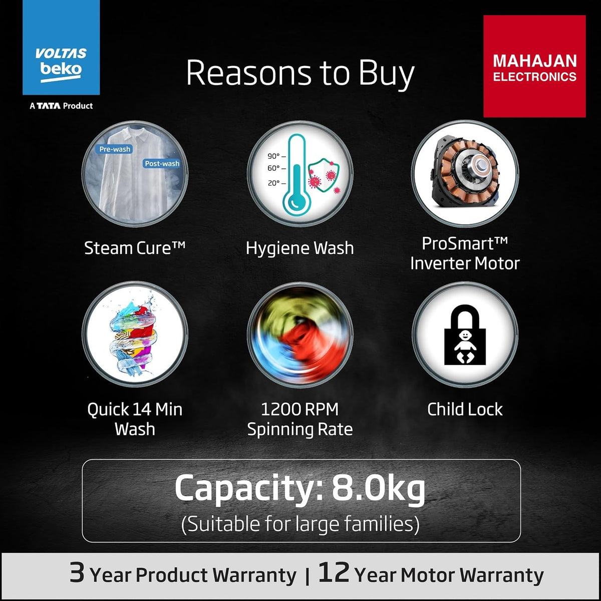 Voltas Beko WFL8012B7JVBKA/AXV 8 Kg 5 Star Inverter Front Load Washing Machine, Anthracite – Mahajan Electronics Online.