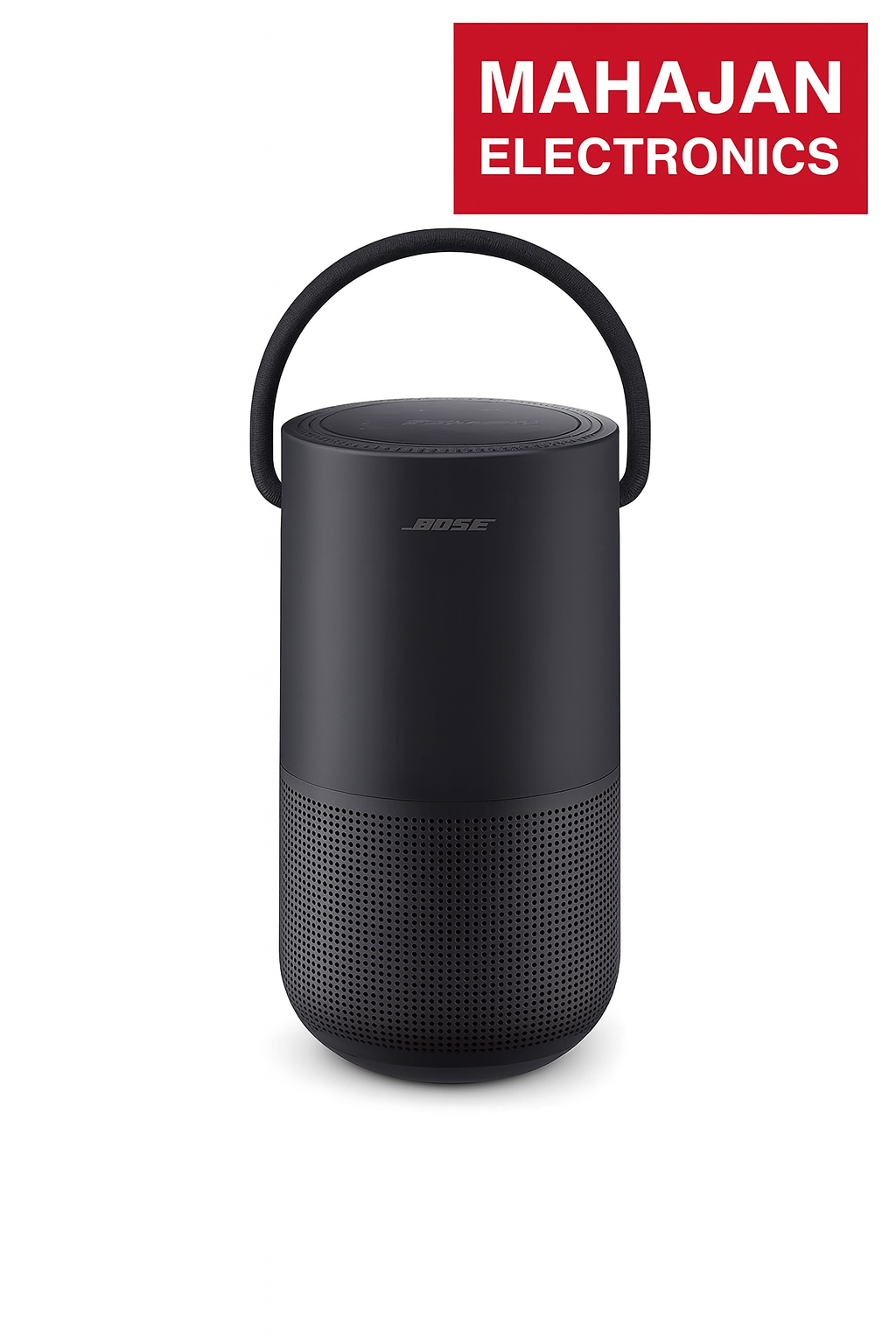 Black portable speaker with handle on a white background, featuring Mahajan Electronics logo.