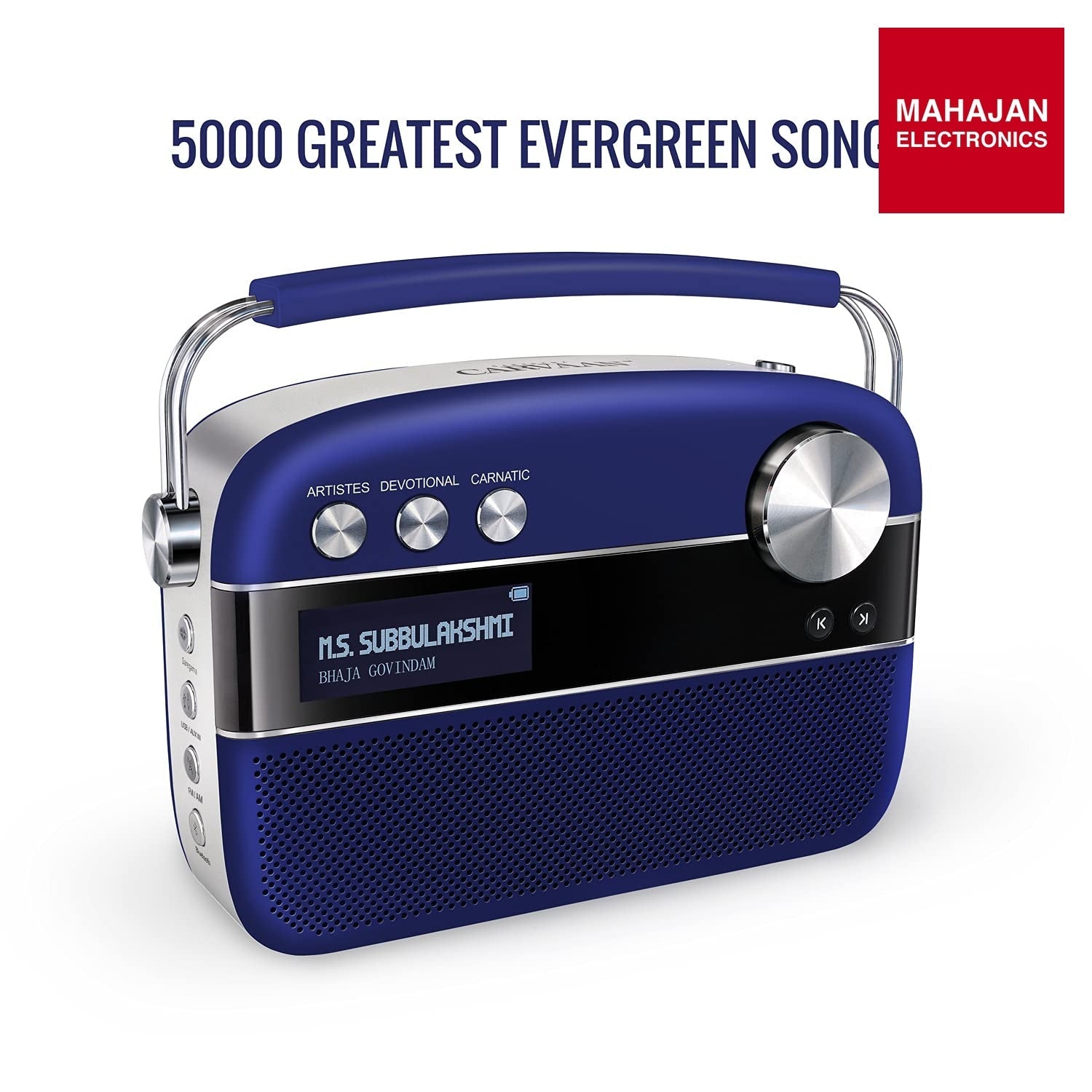 Saregama Carvaan Premium HIndi- Portable Music Player with 5000 Preloaded Songs, FM/BT/AUX (Royal Blue) – Mahajan Electronics Online.