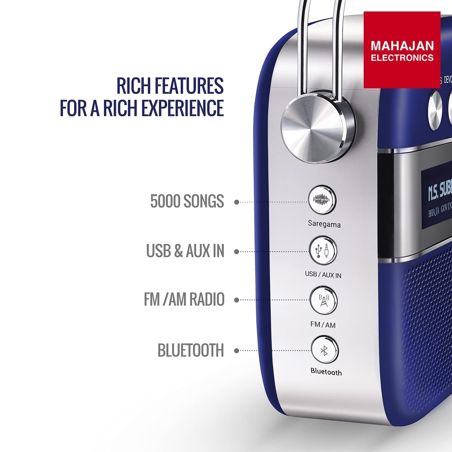 Saregama Carvaan Premium HIndi- Portable Music Player with 5000 Preloaded Songs, FM/BT/AUX (Royal Blue) – Mahajan Electronics Online.
