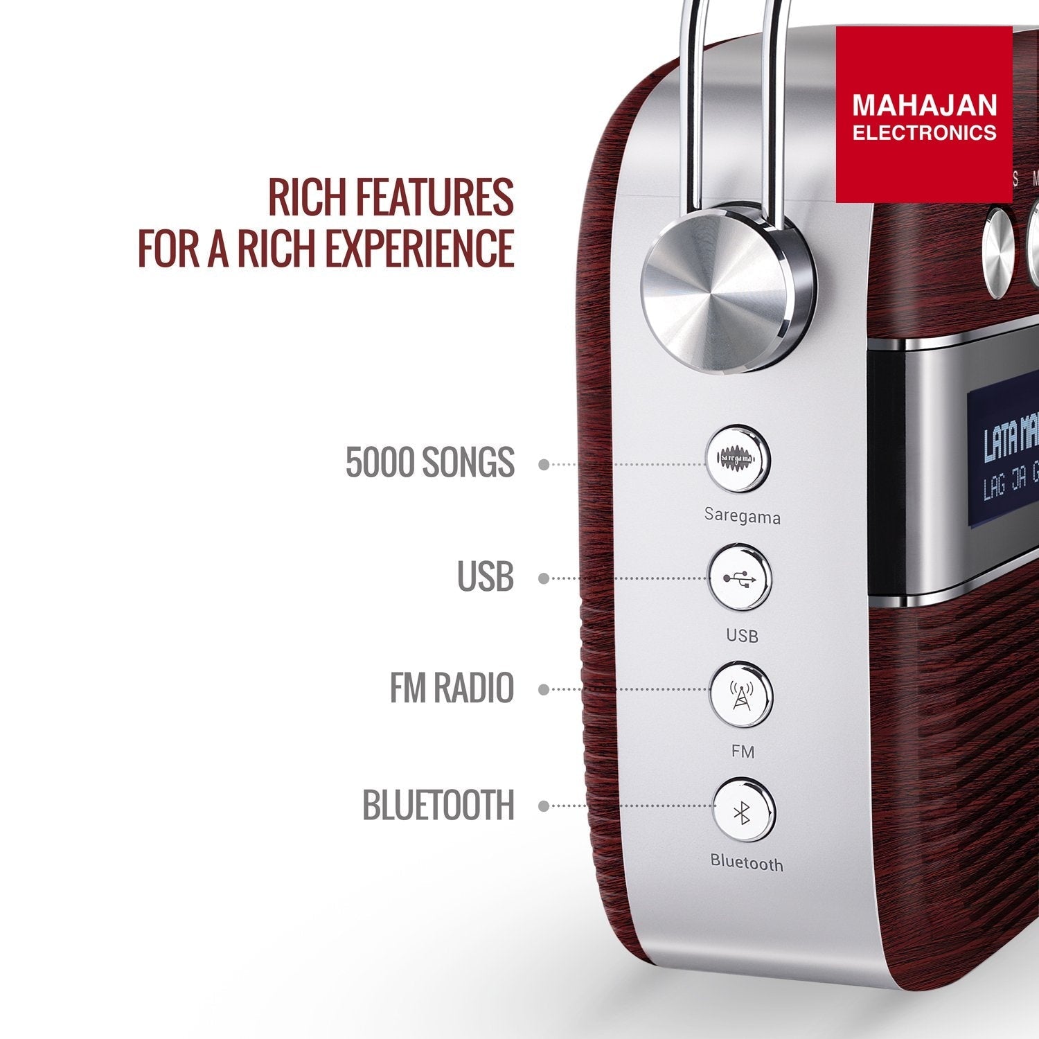 Saregama SC03 Carvaan Hindi - Portable Music Player with 5000 Preloaded Songs, FM/BT/AUX (Cherrywood Red) – Mahajan Electronics image 2