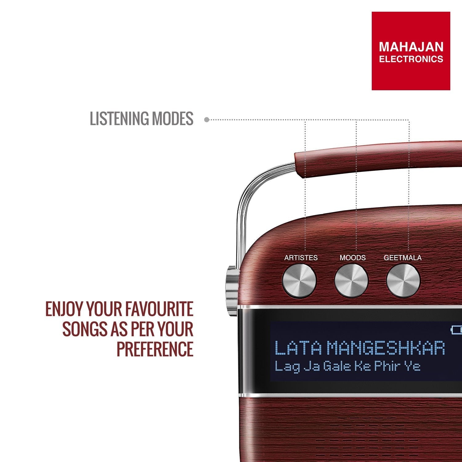 Saregama SC03 Carvaan Hindi - Portable Music Player with 5000 Preloaded Songs, FM/BT/AUX (Cherrywood Red) – Mahajan Electronics image 6