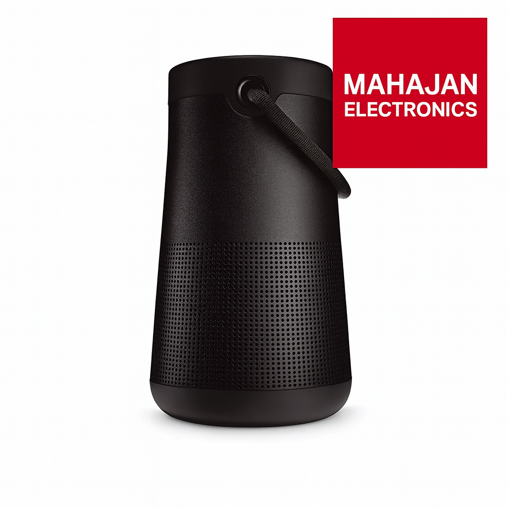 Black portable speaker with Mahajan Electronics logo on a white background