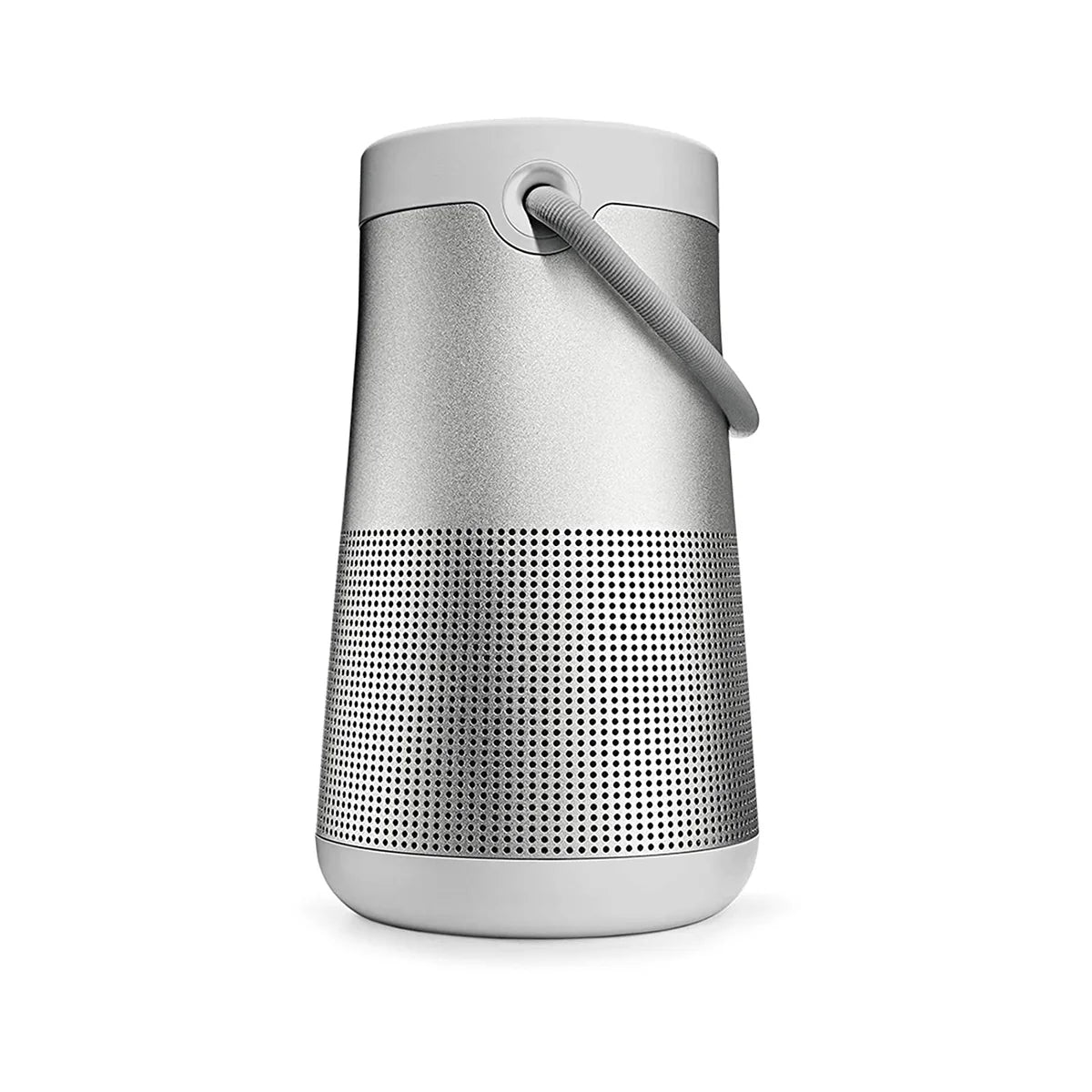 Silver portable speaker on a white background