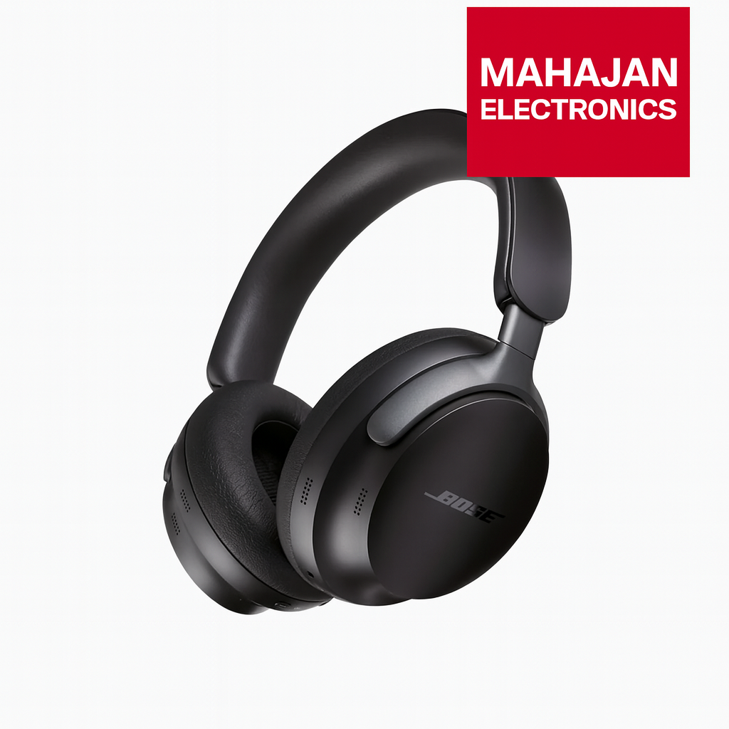 Black headphones with Bose logo on a white background, featuring Mahajan Electronics branding.
