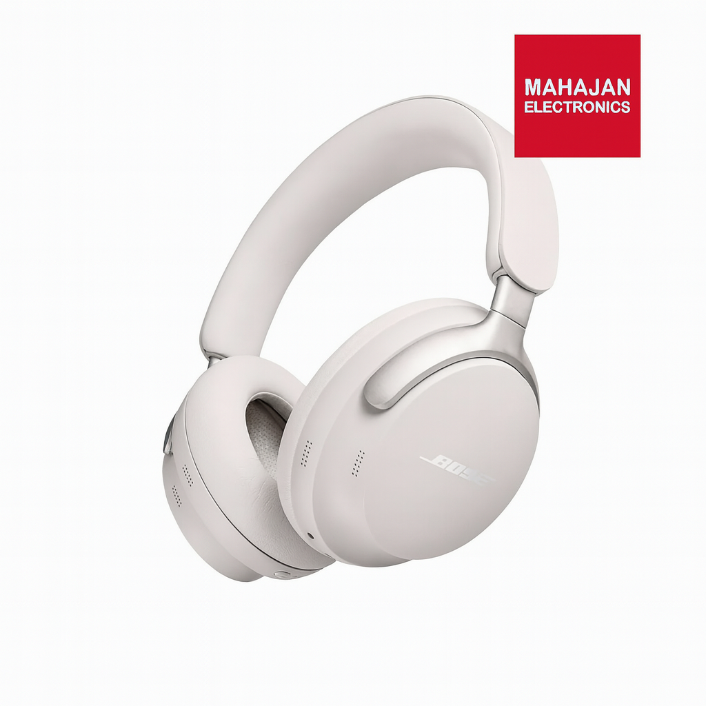 White headphones with Mahajan Electronics logo on a white background