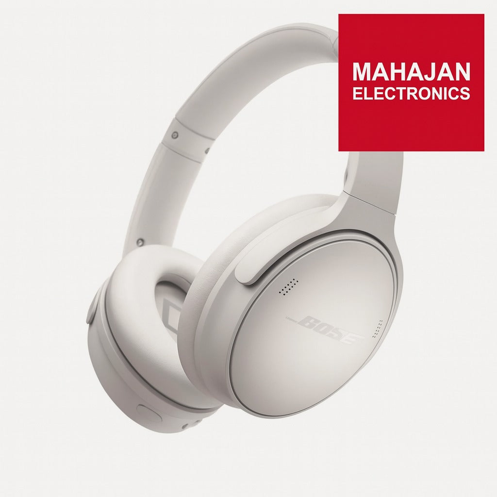 White headphones with Mahajan Electronics logo on a white background