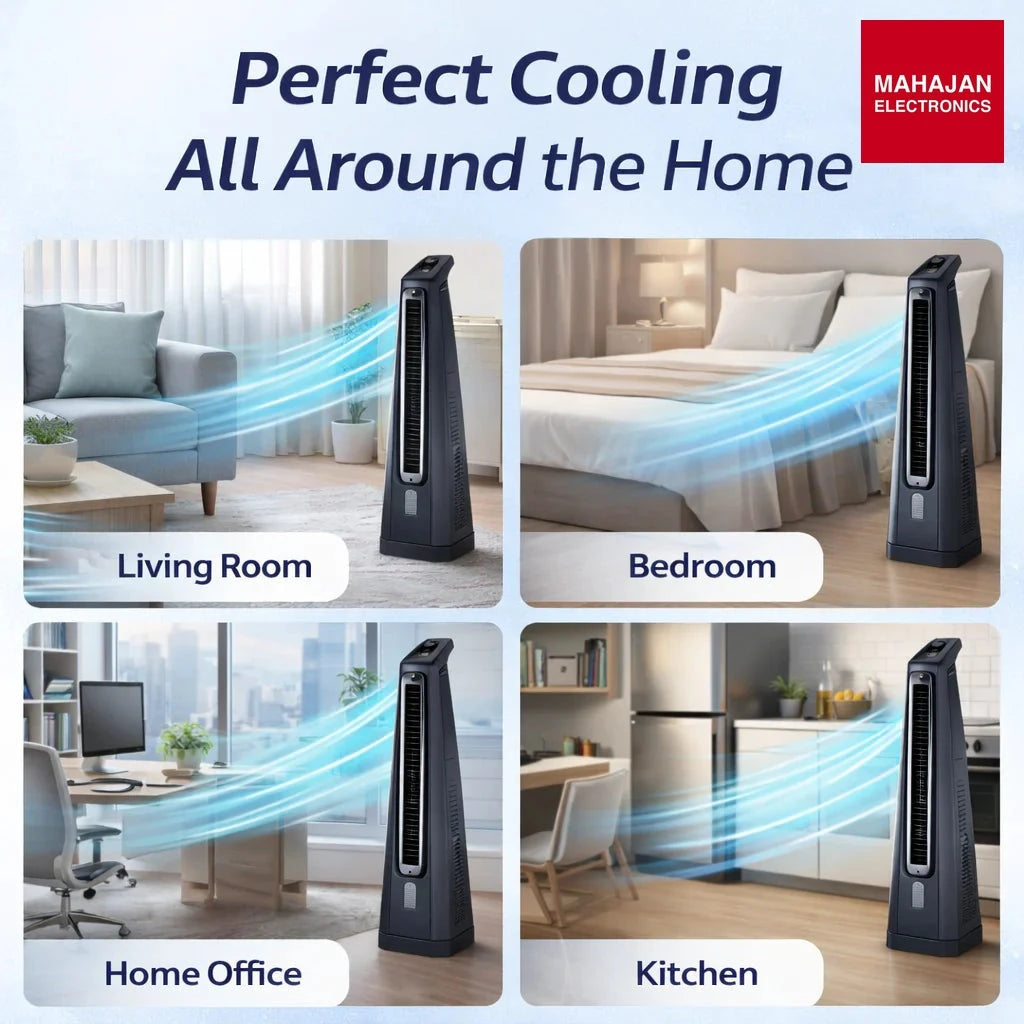 Symphony Surround Sr AFNTF023 Bladeless Tower Fan with 90 Degree Swivel, Knob Control & Removable Dust Filter (Grey) โ Mahajan Electronics Online.