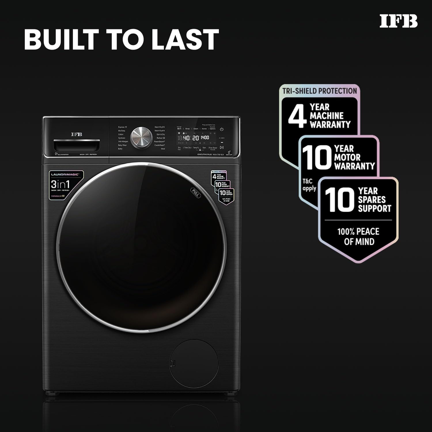 IFB EXECUTIVE PLUS ZXB 10 Kg/7 Kg/3 Kg 3-in-1, AI Powered, Fully Automatic Washer Dryer Refresher (IFB Laundrimagic, 9 Swirl Wash, Eco Inverter Technology, Black VCM) Mahajan Electronics Online