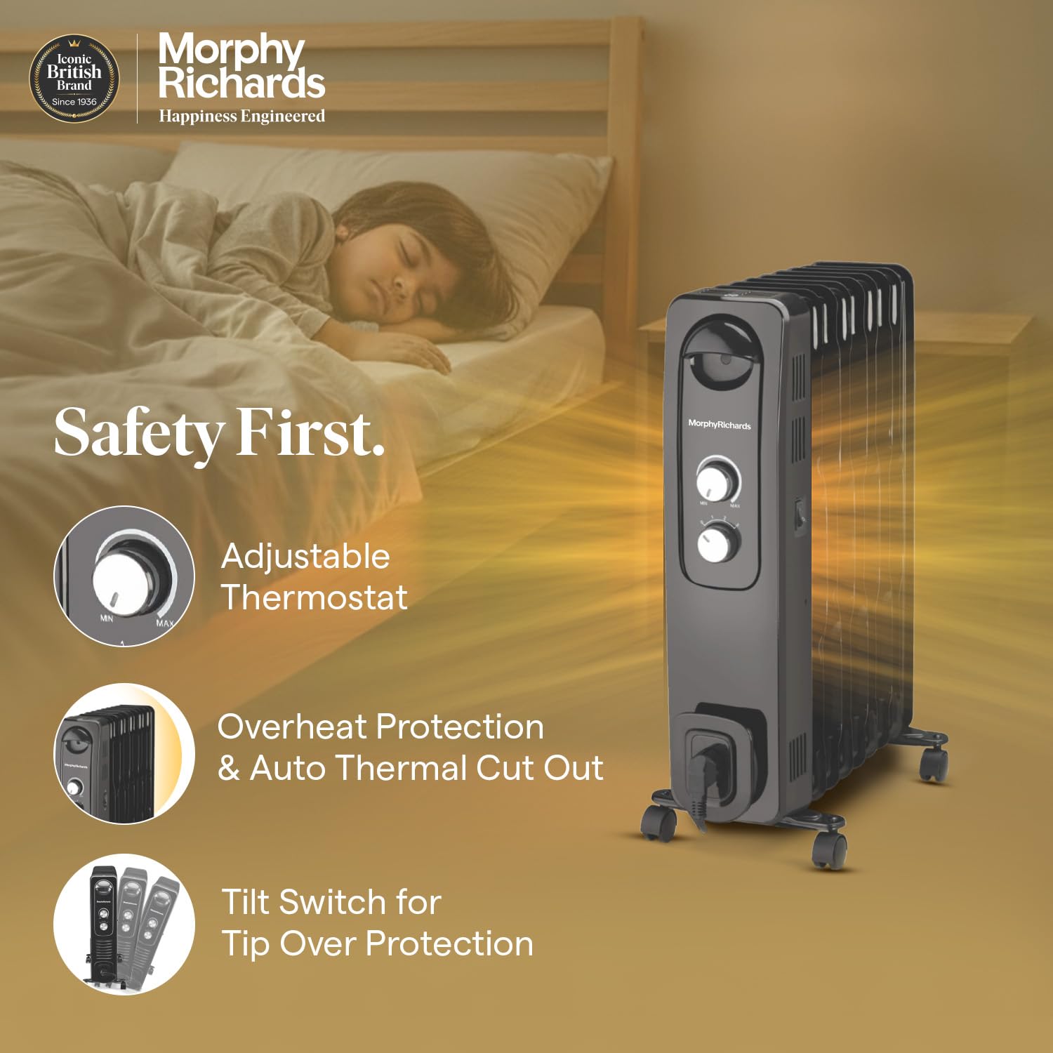Morphy Richards OFR Room Heater, 9F WAVE FIN Fin 2400 Watts Oil Filled Room Heater with 400W PTC Ceramic Fan Heater, ISI Approved (Black) Mahajan Electronics Online
