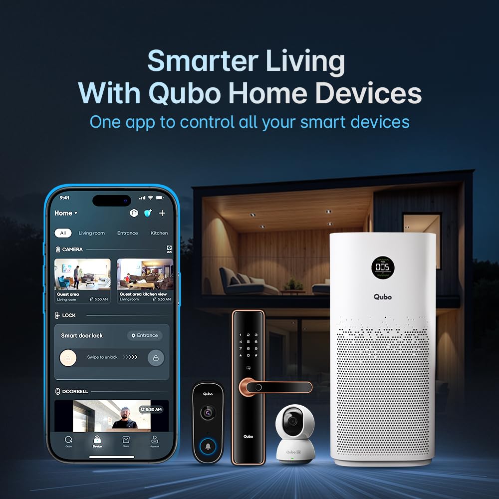 Qubo Smart Air Purifier Q1000 for Home by Hero Group | 1000 Sqft | 99.99% Allergen Removal | HEPA H13 | 15000 Hrs Filter Life | App & Voice Control | Energy Saving | Ultra-Quiet BLDC Motor (White) Mahajan Electronics Online