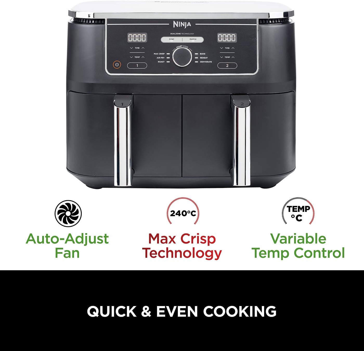 Ninja AF400 Foodi MAX Dual Zone Digital AirFryer, 2 Drawers, 9.5L, 6-in-1, Uses No Oil, Air Fry, Max Crisp, Roast, Bake, Reheat, Dehydrate, Cook 8 Portions, Non-Stick Dishwasher Safe Baskets, Black Mahajan Electronics Online